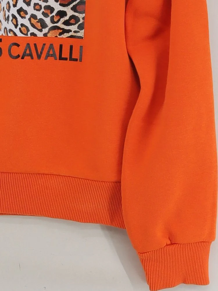 Cavalli Class Men's Hoodie L Orange Animal Print Cotton with Polyester Pullover - Image 4