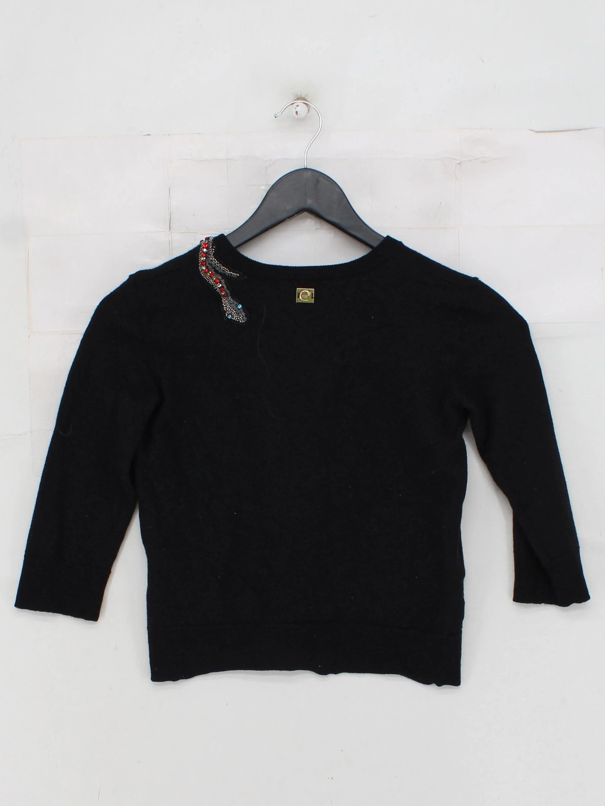 Cavalli Class Women's Top UK 10 Black 100% Wool 3/4 Sleeve V-Neck Basic - Image 2