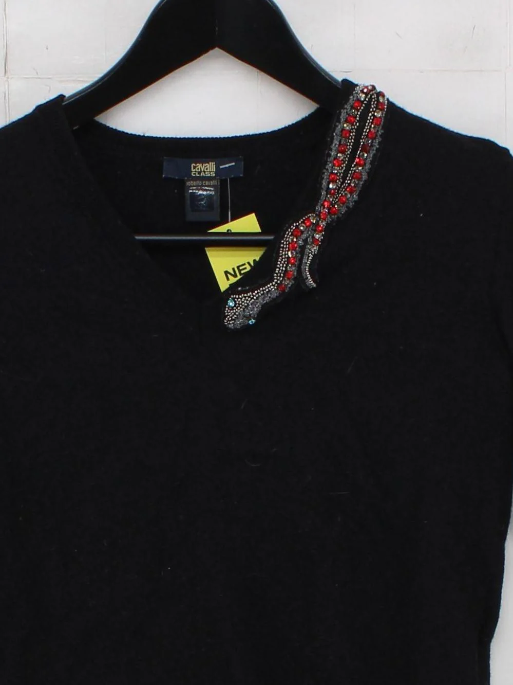 Cavalli Class Women's Top UK 10 Black 100% Wool 3/4 Sleeve V-Neck Basic - Image 3