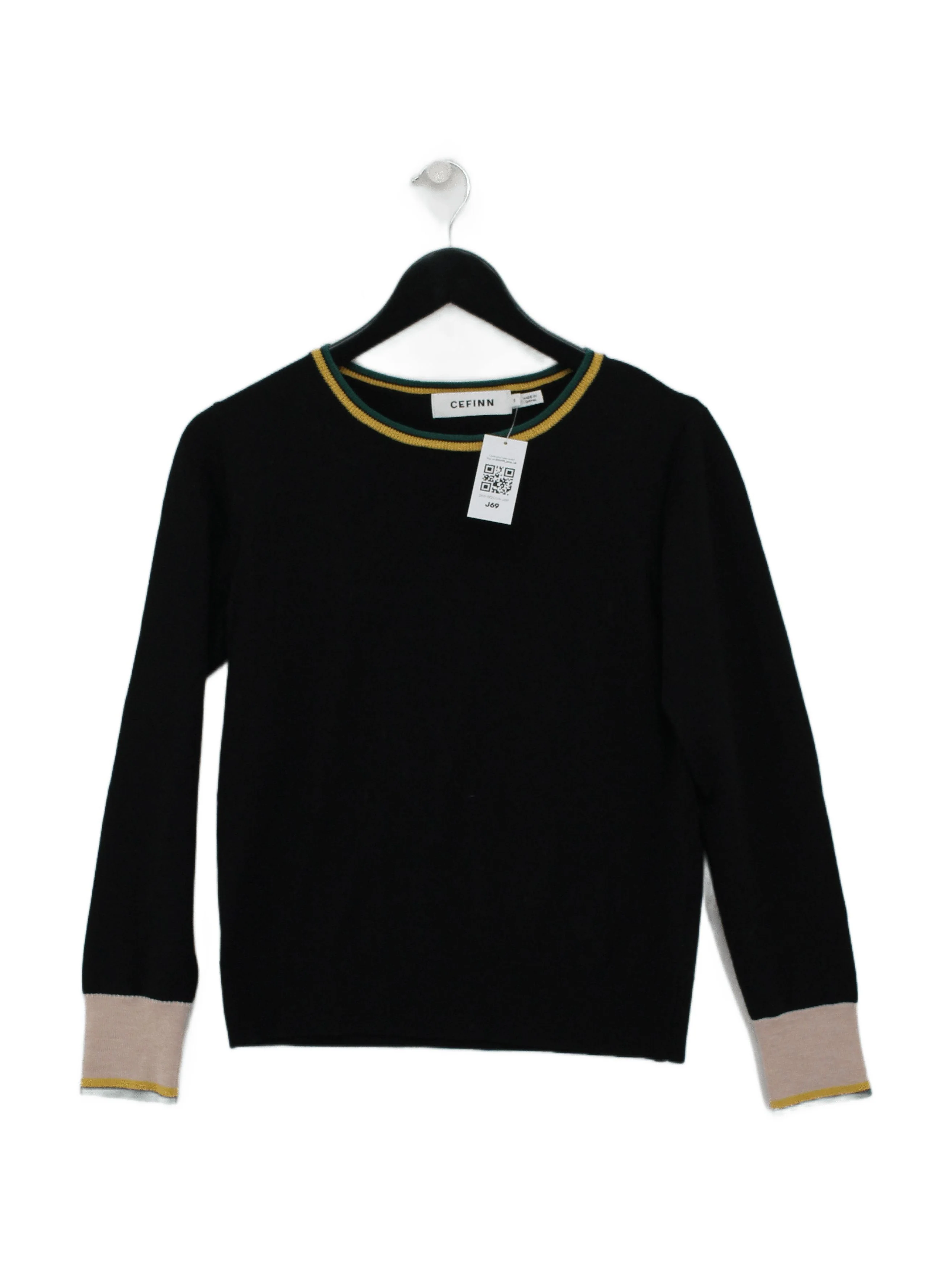 Cefinn Women's Jumper S Black Striped 100% Wool Crew Neck Pullover