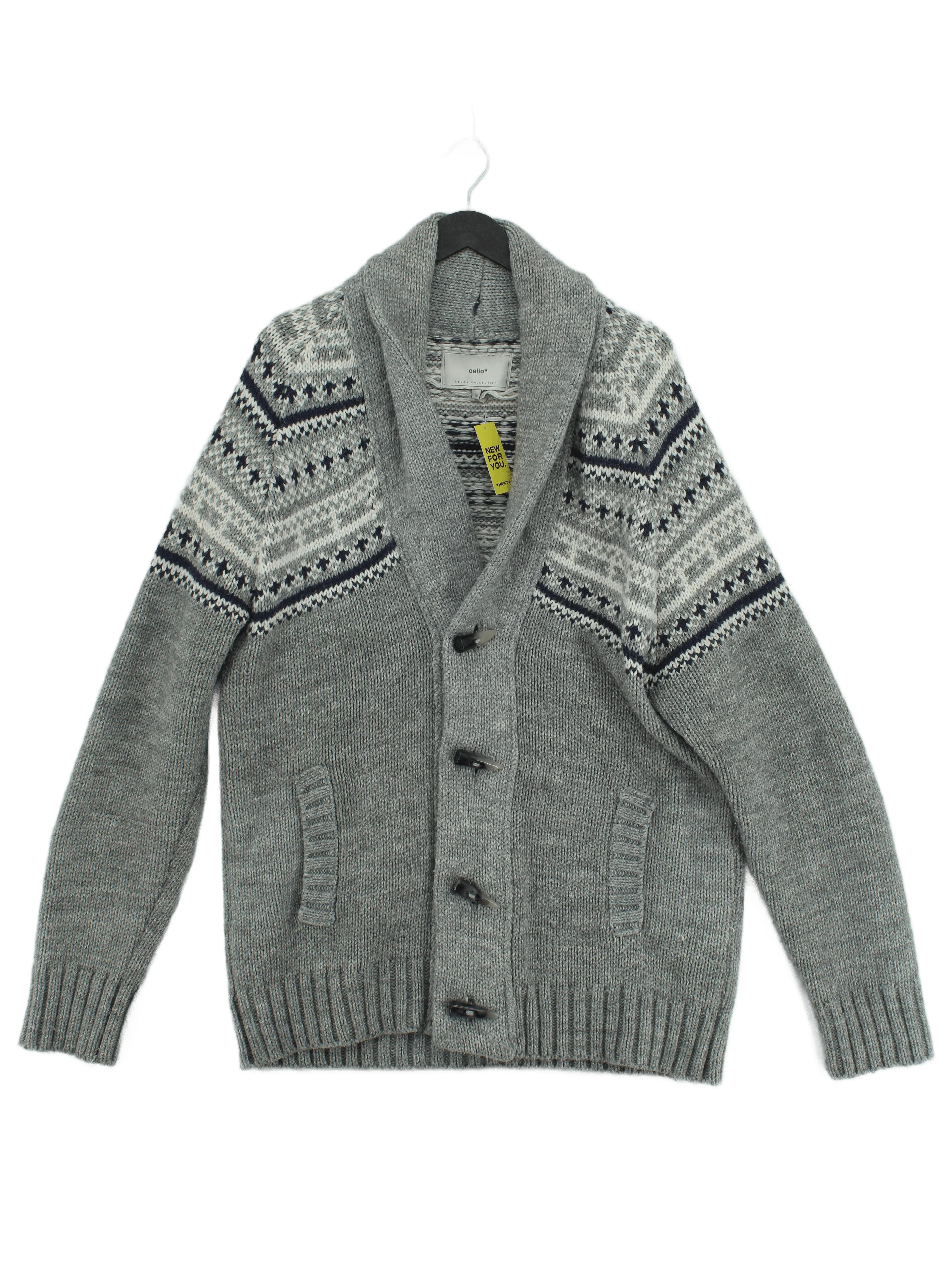 Celio Men's Cardigan XXL Grey Geometric Acrylic with Polyamide Collared Cardigan