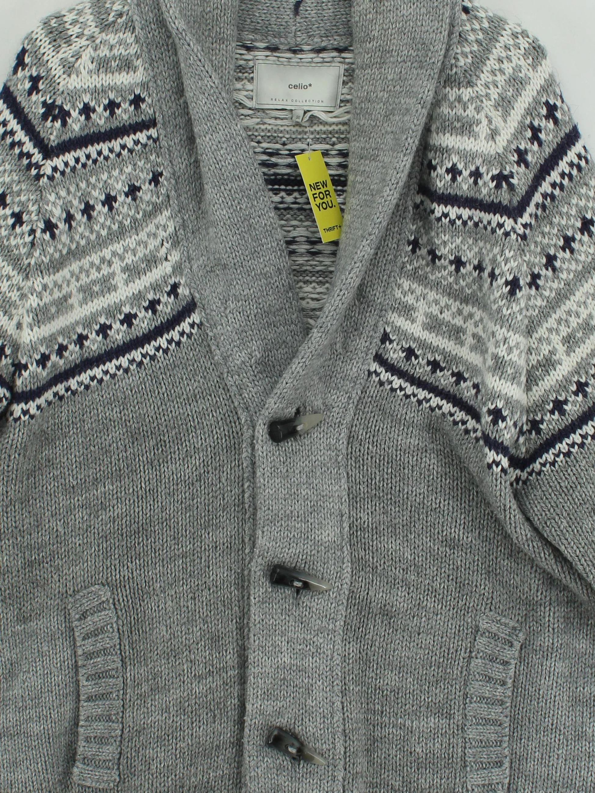 Celio Men's Cardigan XXL Grey Geometric Acrylic with Polyamide Collared Cardigan - Image 3