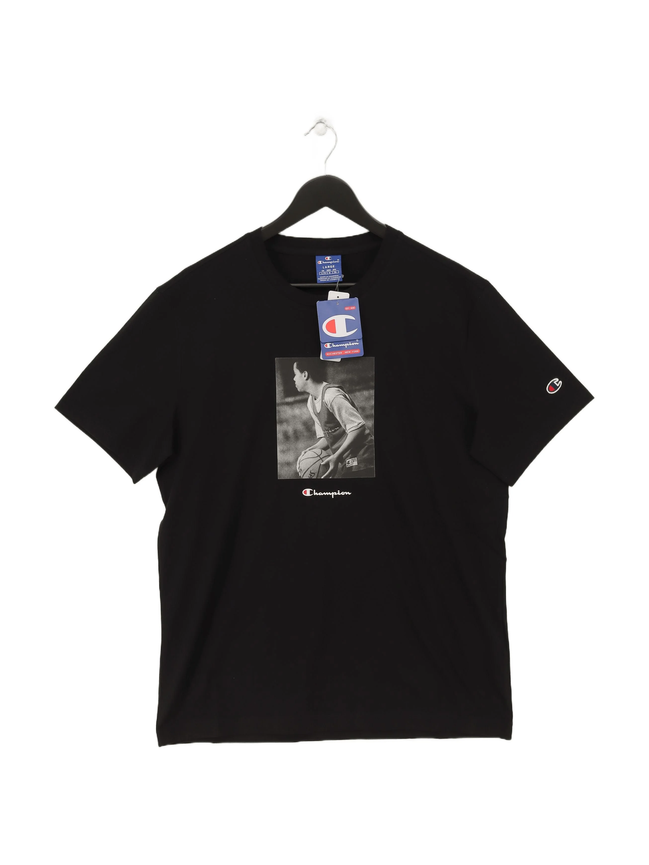 Champion Men's T-Shirt L Black Graphic 100% Cotton Crew Neck Basic New with tags