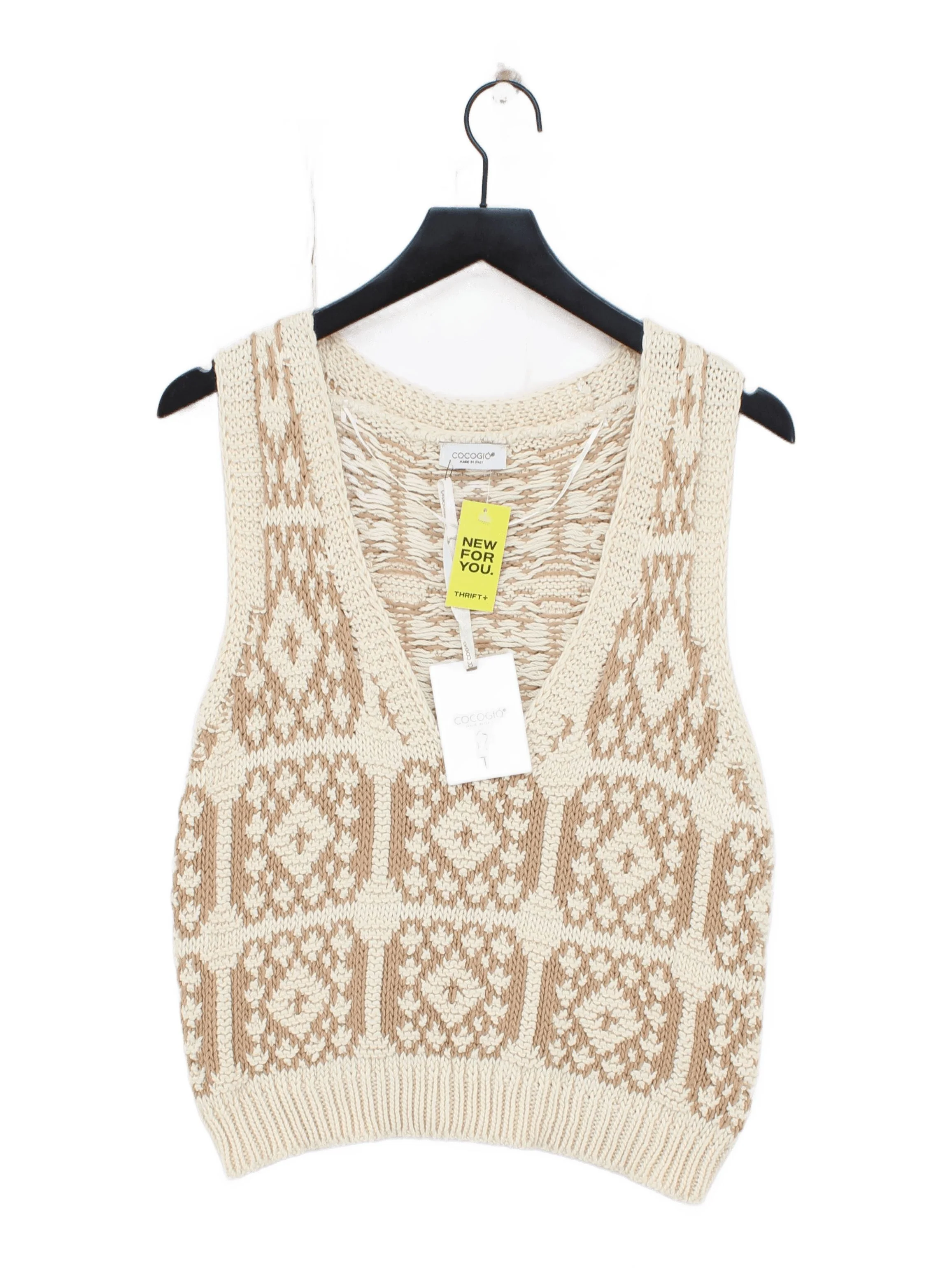 Cocogio Women's Jumper M Cream Geometric 100% Cotton V-Neck Vest