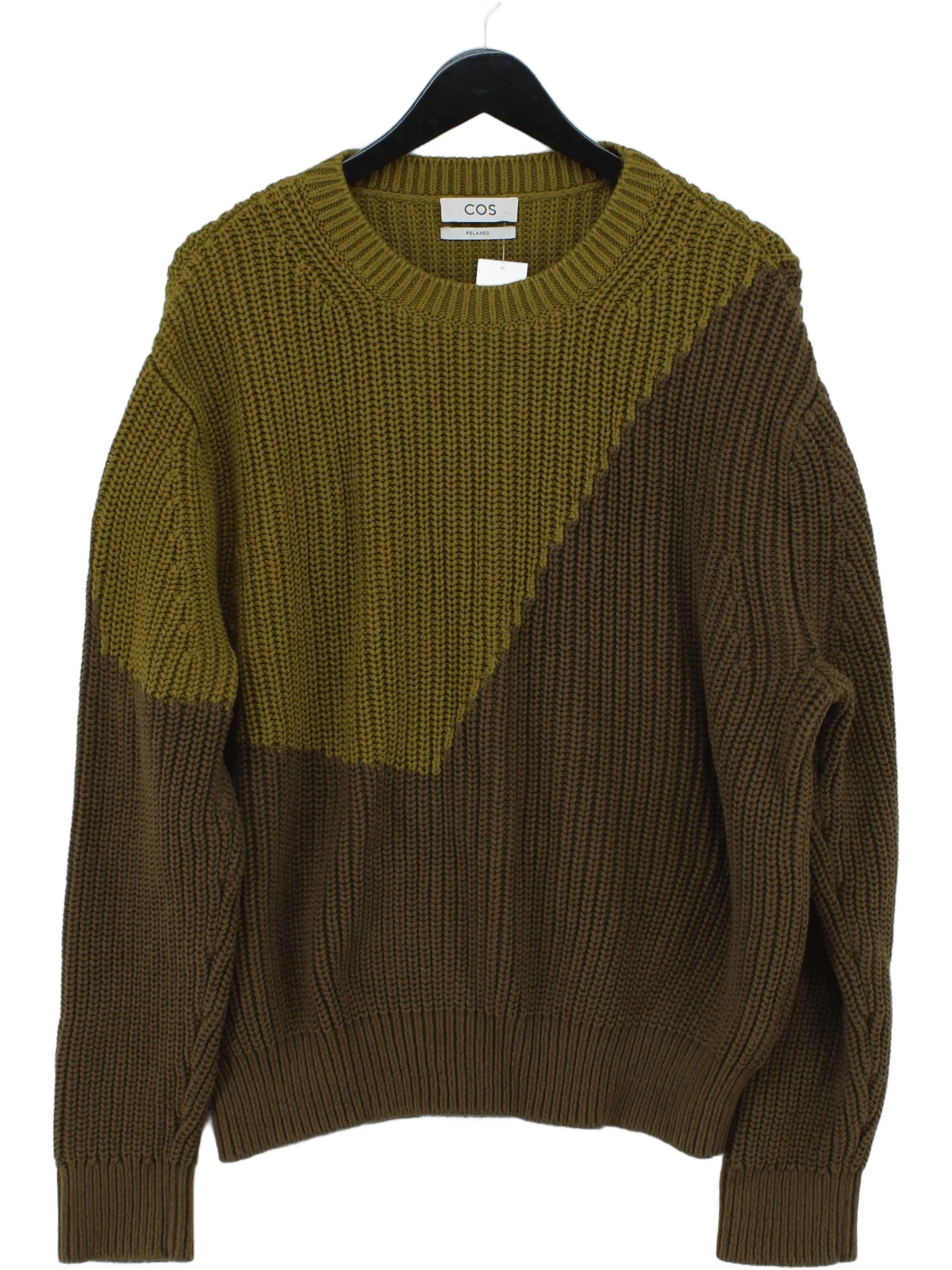 COS Men's Jumper M Green Geometric Cotton with Wool Round Neck Pullover