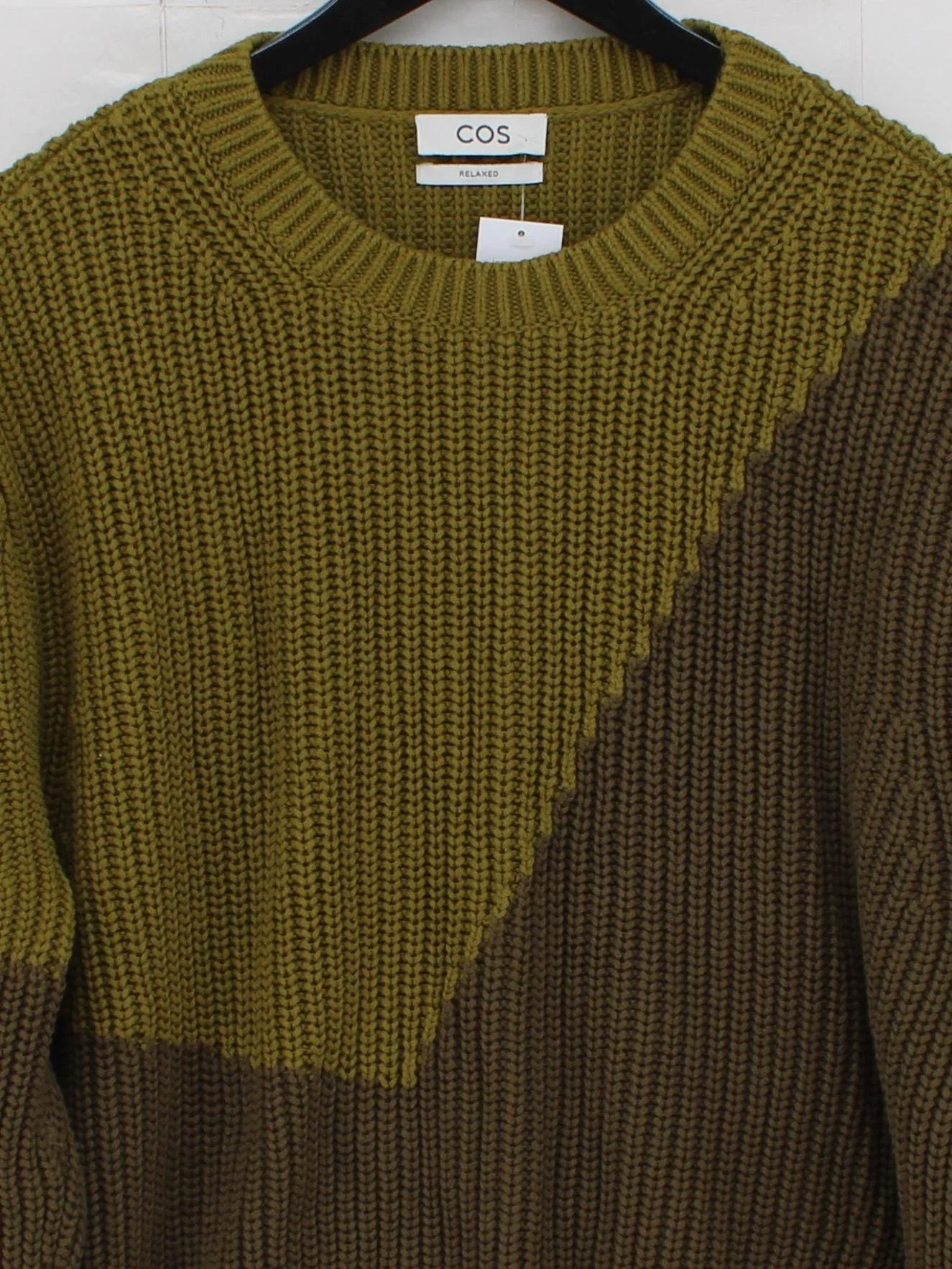 COS Men's Jumper M Green Geometric Cotton with Wool Round Neck Pullover - Image 3