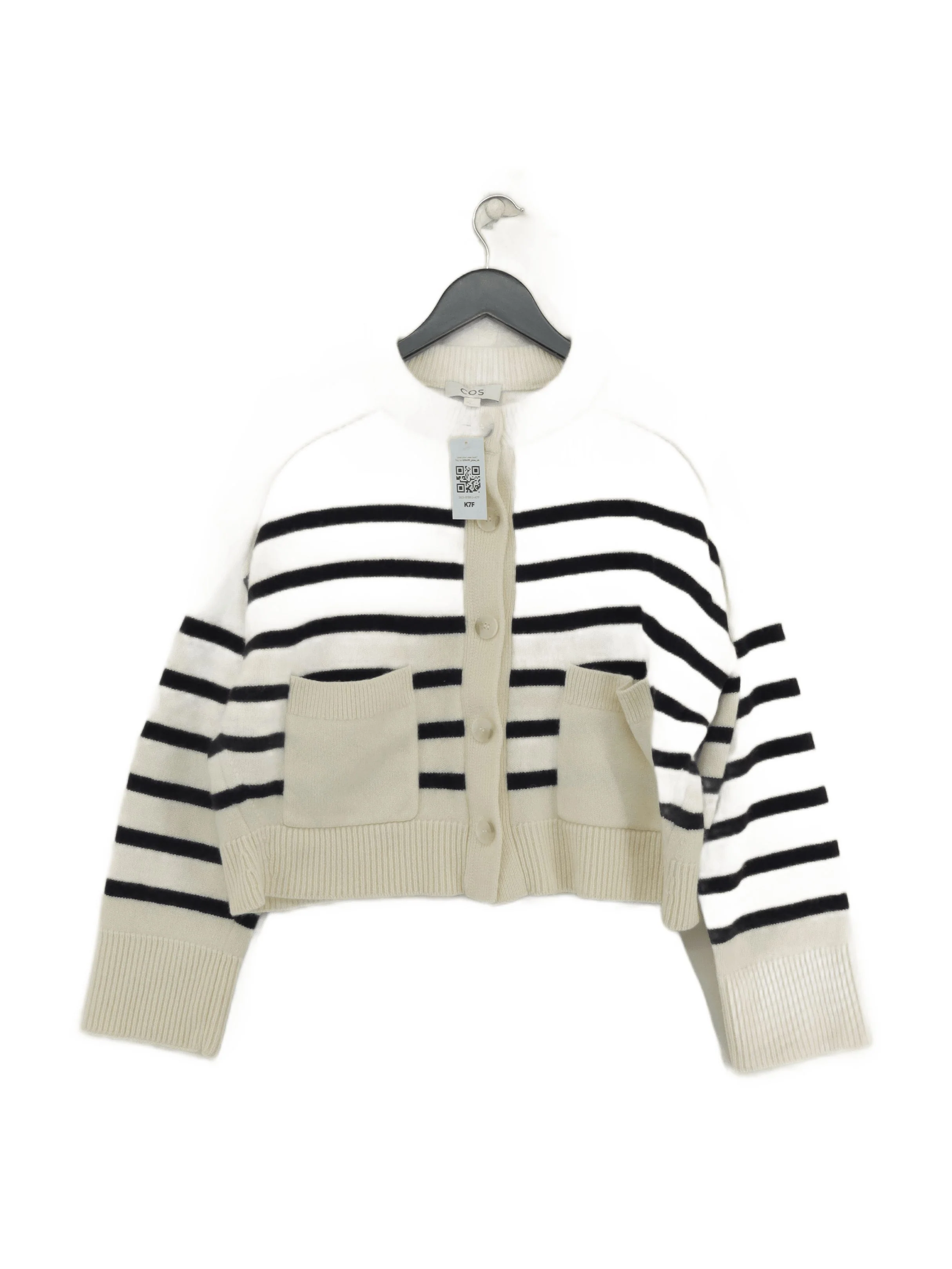 COS Women's Cardigan S Cream Striped 100% Wool Round Neck Cardigan