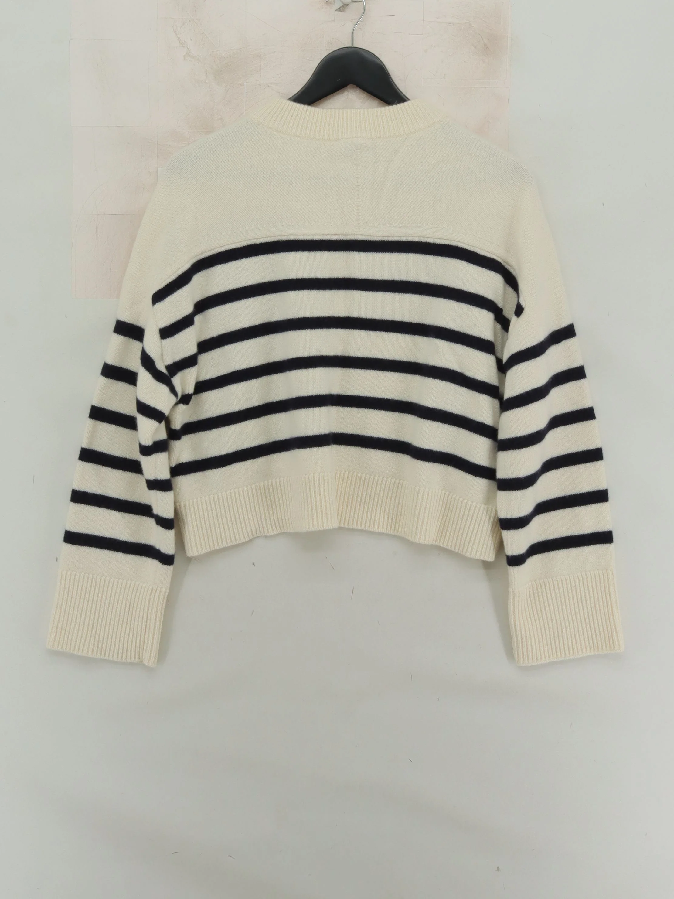 COS Women's Cardigan S Cream Striped 100% Wool Round Neck Cardigan - Image 2