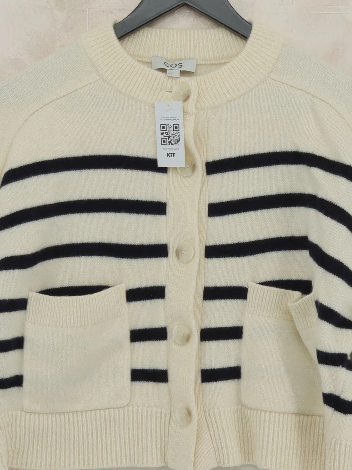 COS Women's Cardigan S Cream Striped 100% Wool Round Neck Cardigan - Image 3