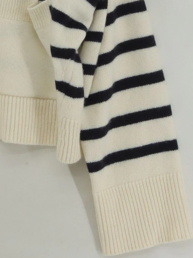 COS Women's Cardigan S Cream Striped 100% Wool Round Neck Cardigan - Image 4