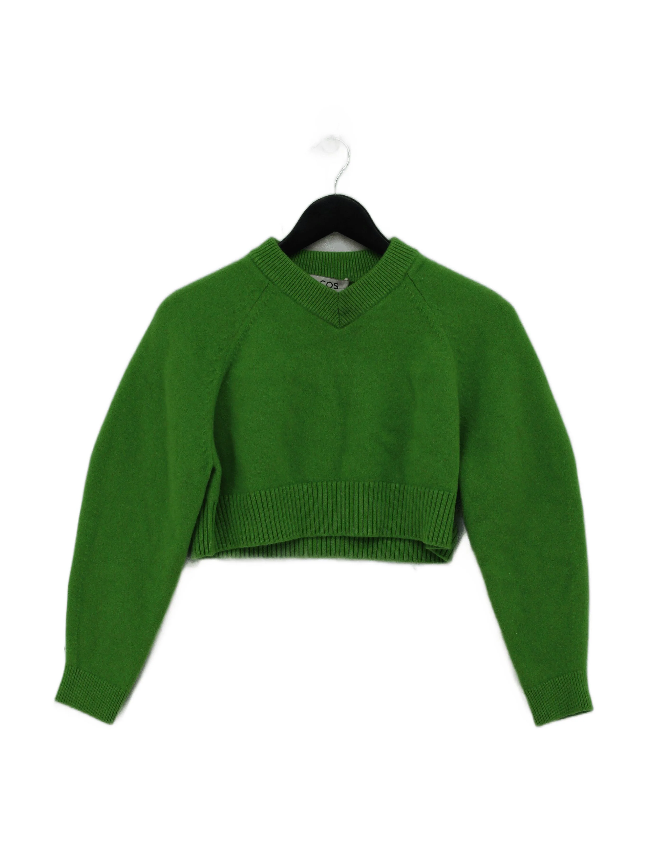 COS Women's Jumper S Green 100% Wool V-Neck Pullover