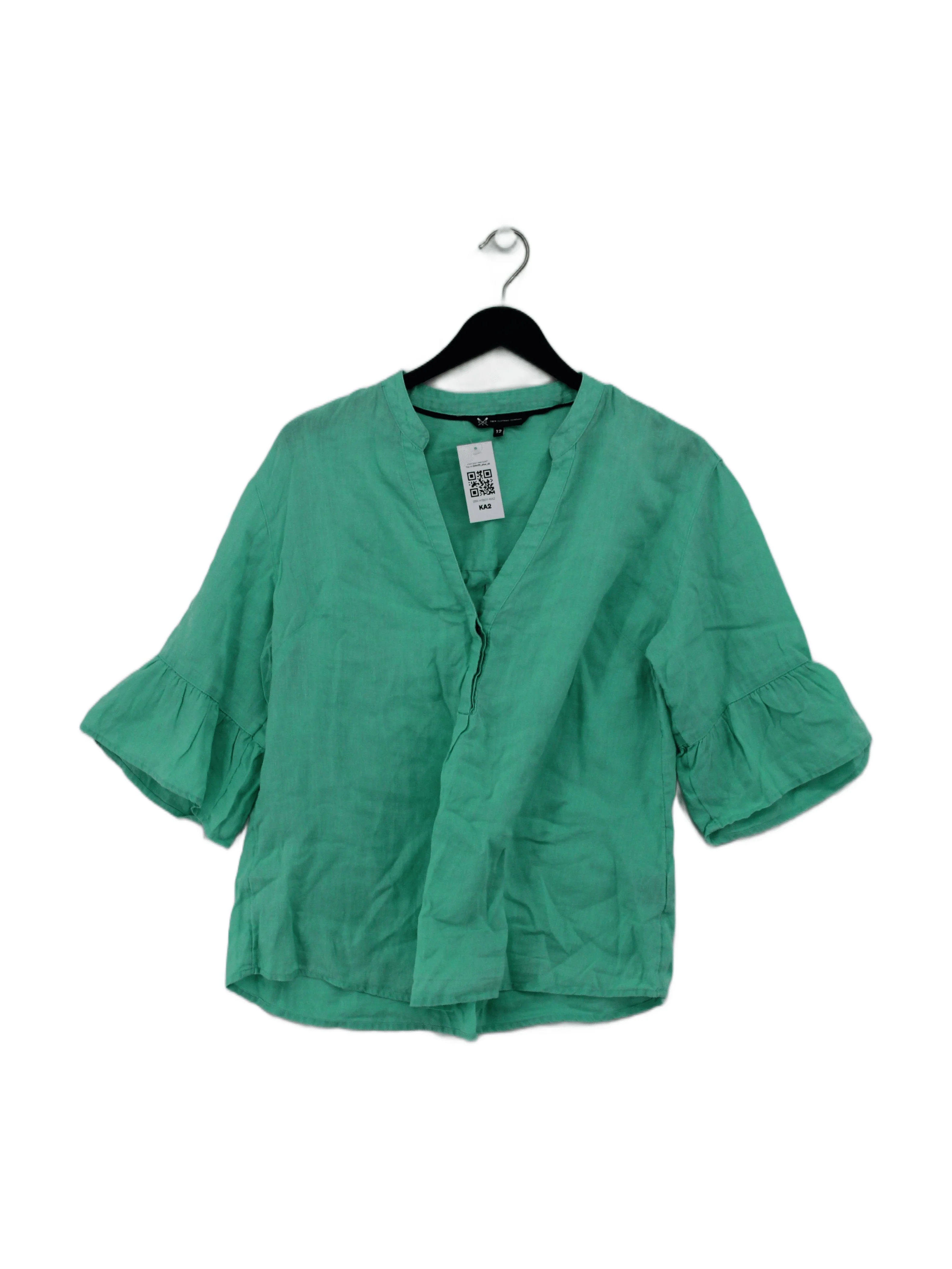 Crew Clothing Women's Blouse UK 12 Green 100% Linen 3/4 Sleeve V-Neck Basic