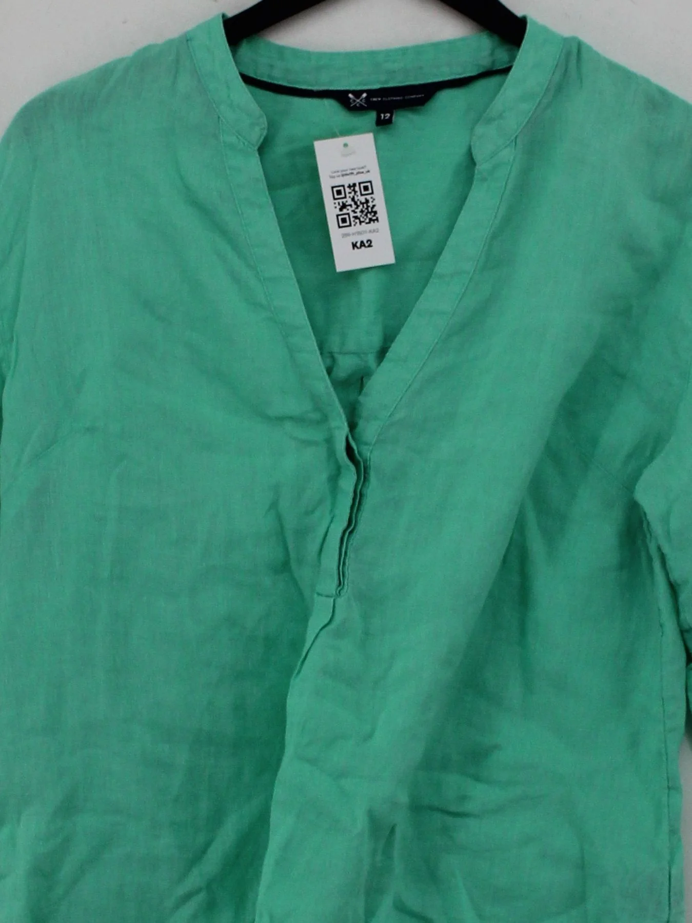 Crew Clothing Women's Blouse UK 12 Green 100% Linen 3/4 Sleeve V-Neck Basic - Image 3