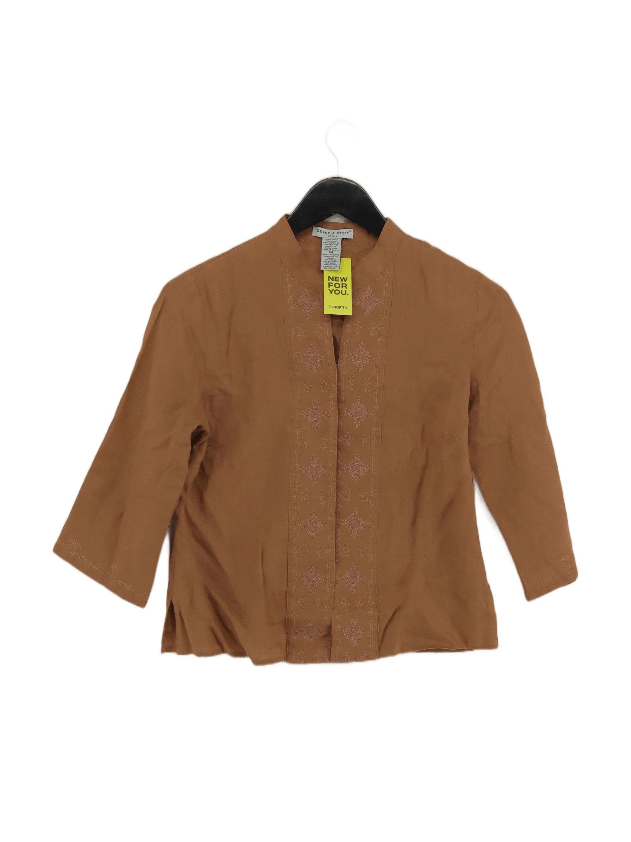 Deane And White Women's Top M Tan 100% Linen 3/4 Sleeve Collared Basic