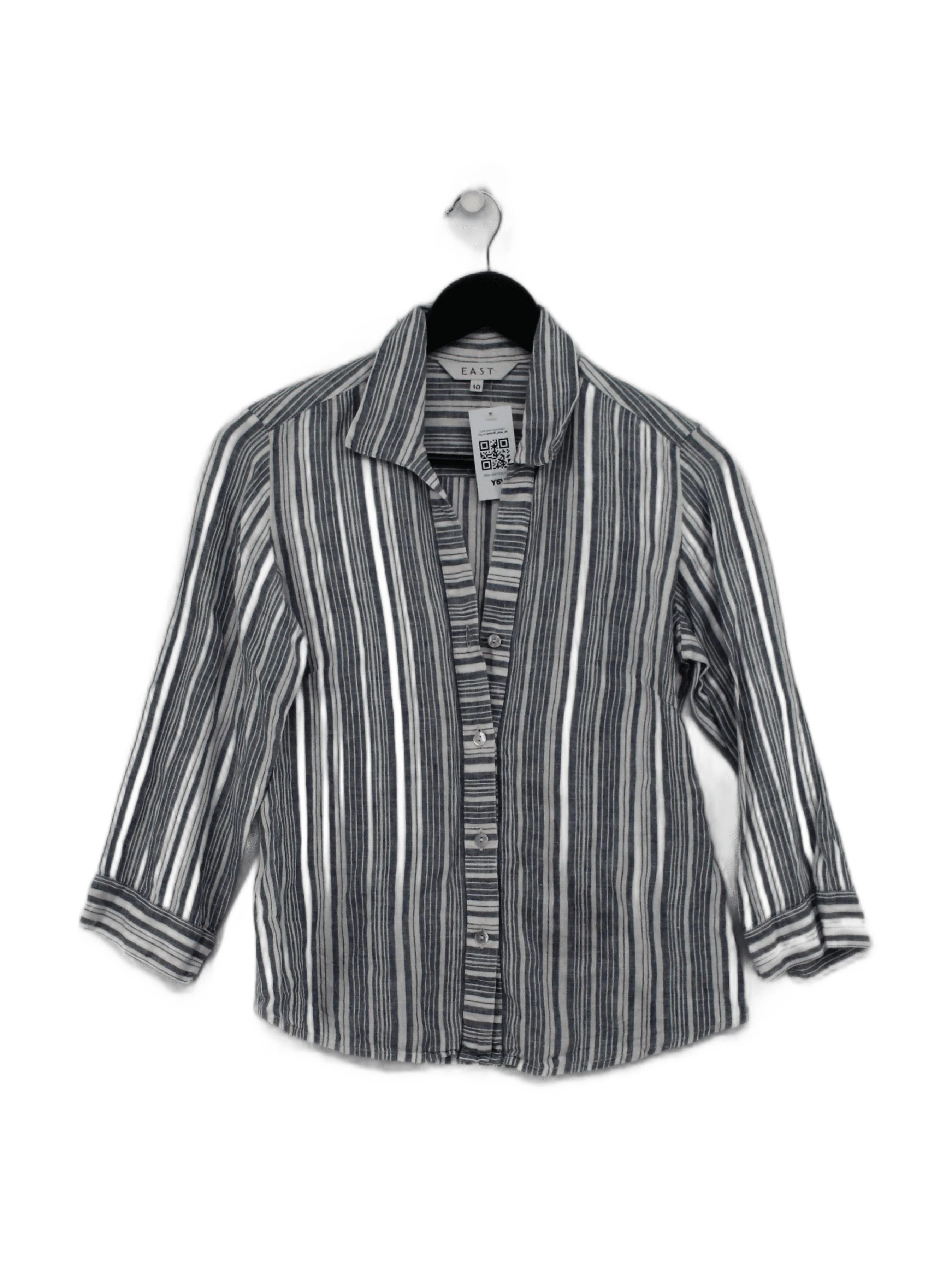 East Women's Shirt UK 10 Blue Striped 100% Linen 3/4 Sleeve Collared Basic