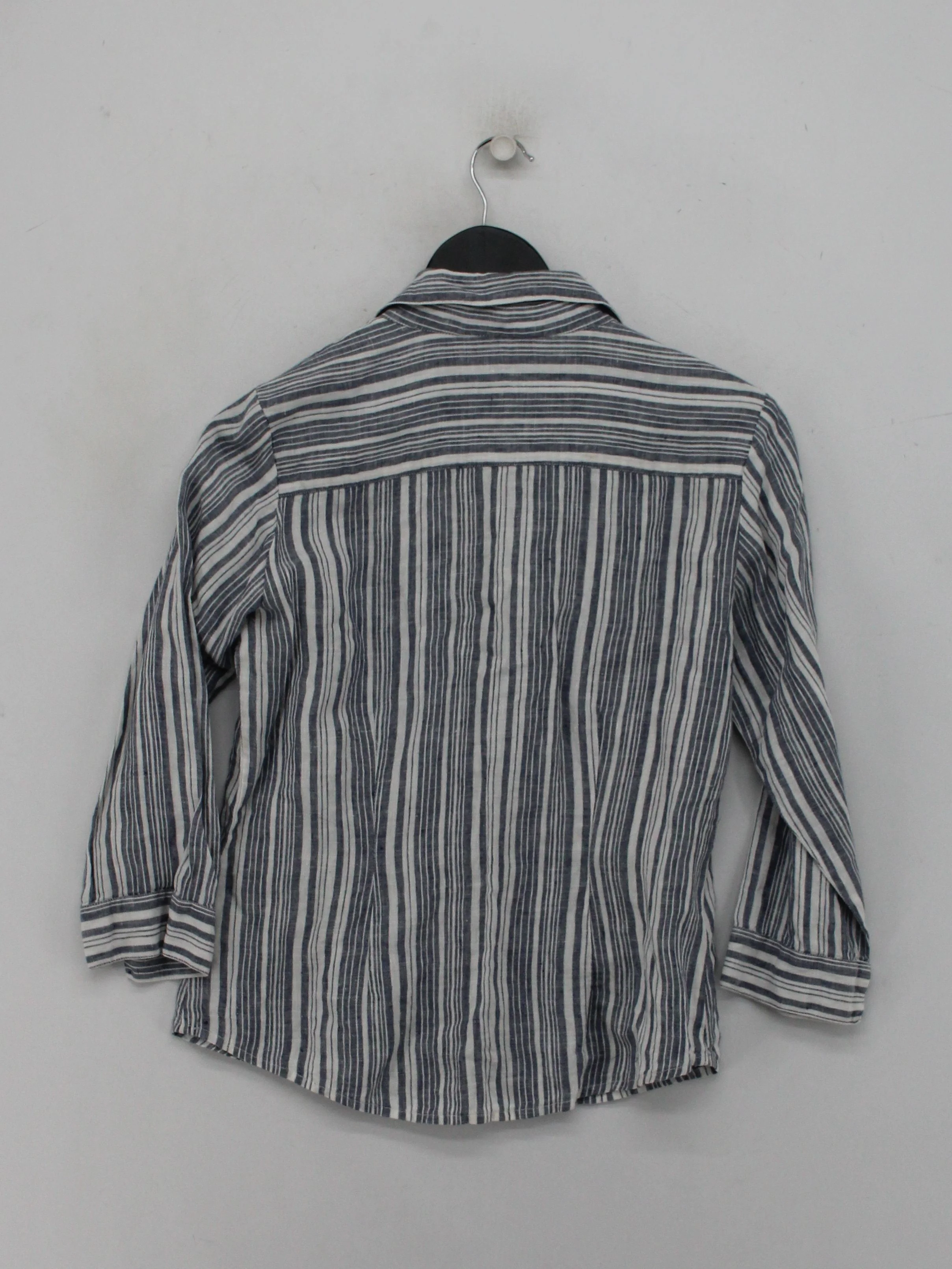 East Women's Shirt UK 10 Blue Striped 100% Linen 3/4 Sleeve Collared Basic - Image 2