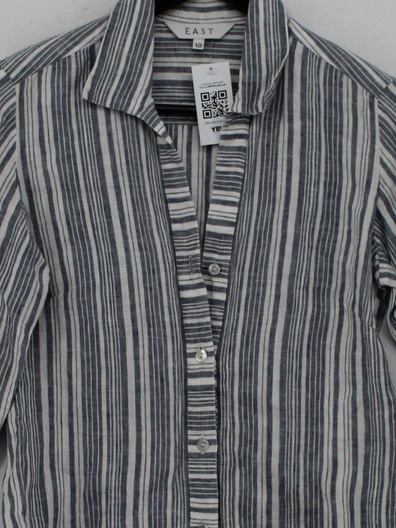East Women's Shirt UK 10 Blue Striped 100% Linen 3/4 Sleeve Collared Basic - Image 3