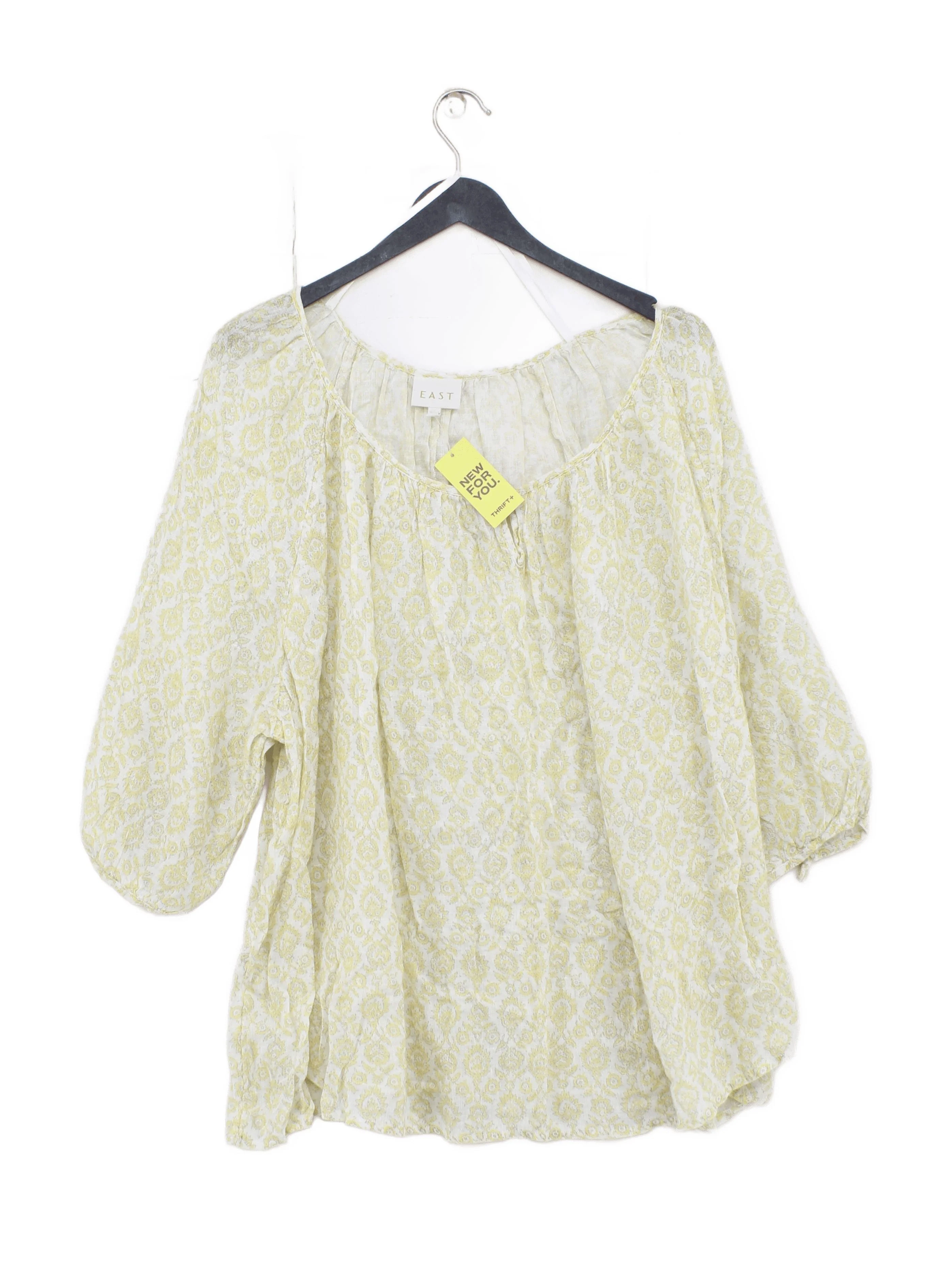 East Women's Top White Floral 100% Linen 3/4 Sleeve Round Neck Basic