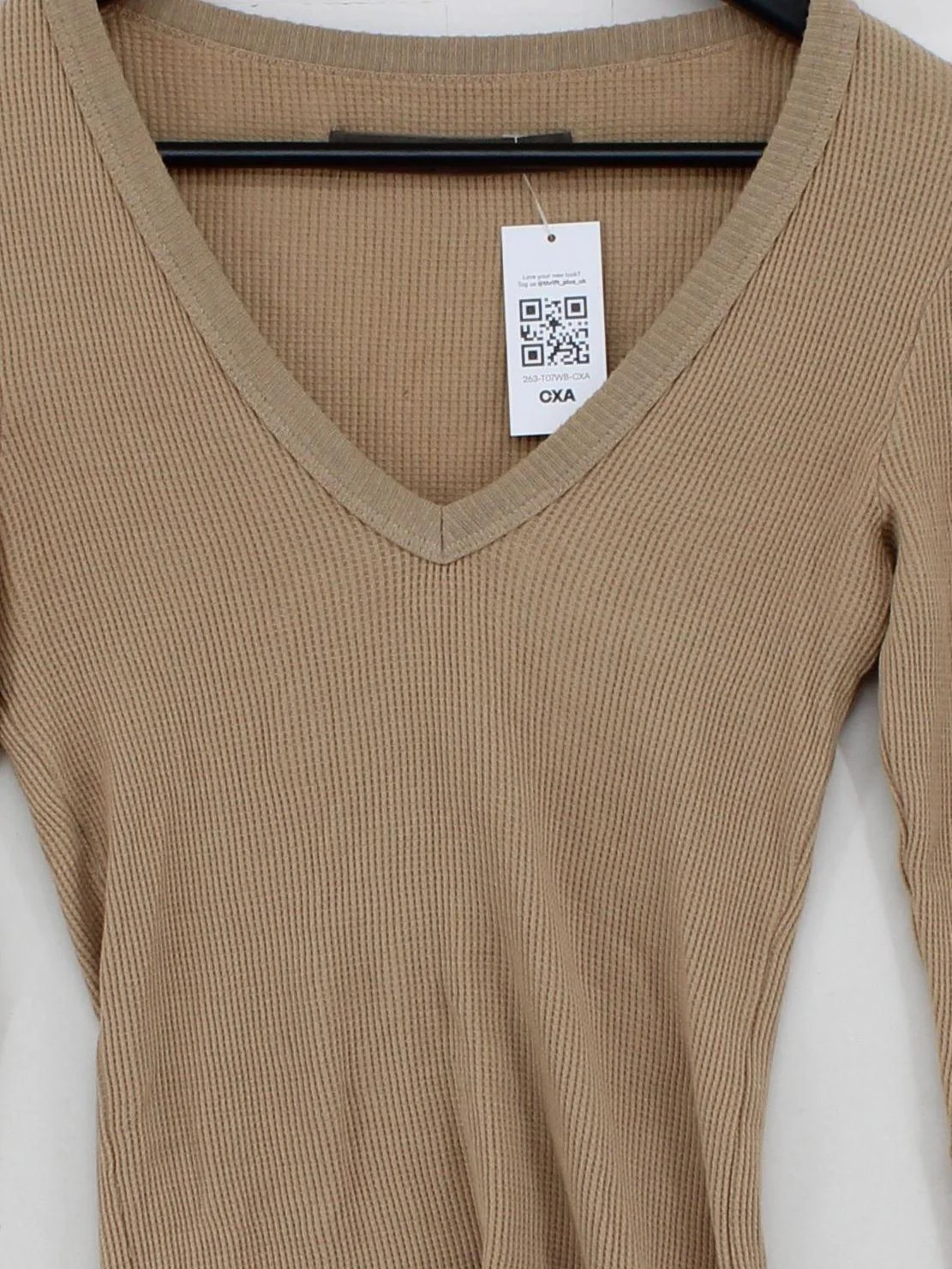 Enza Costa Women's Top S Tan 100% Cotton Long Sleeve V-Neck Basic - Image 3