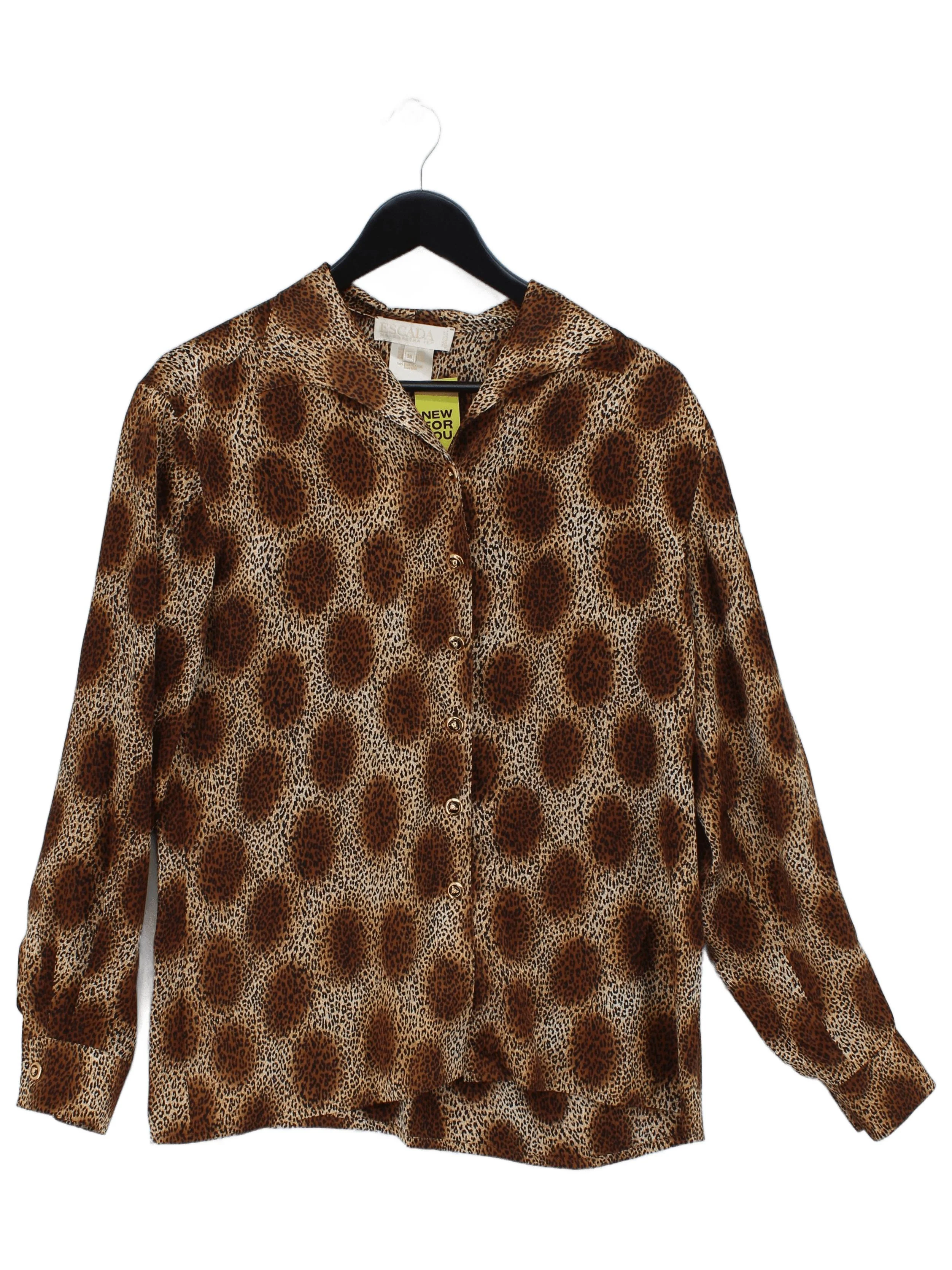 ESCADA Women's Shirt S Brown Animal Print 100% Silk Long Sleeve Collared Basic