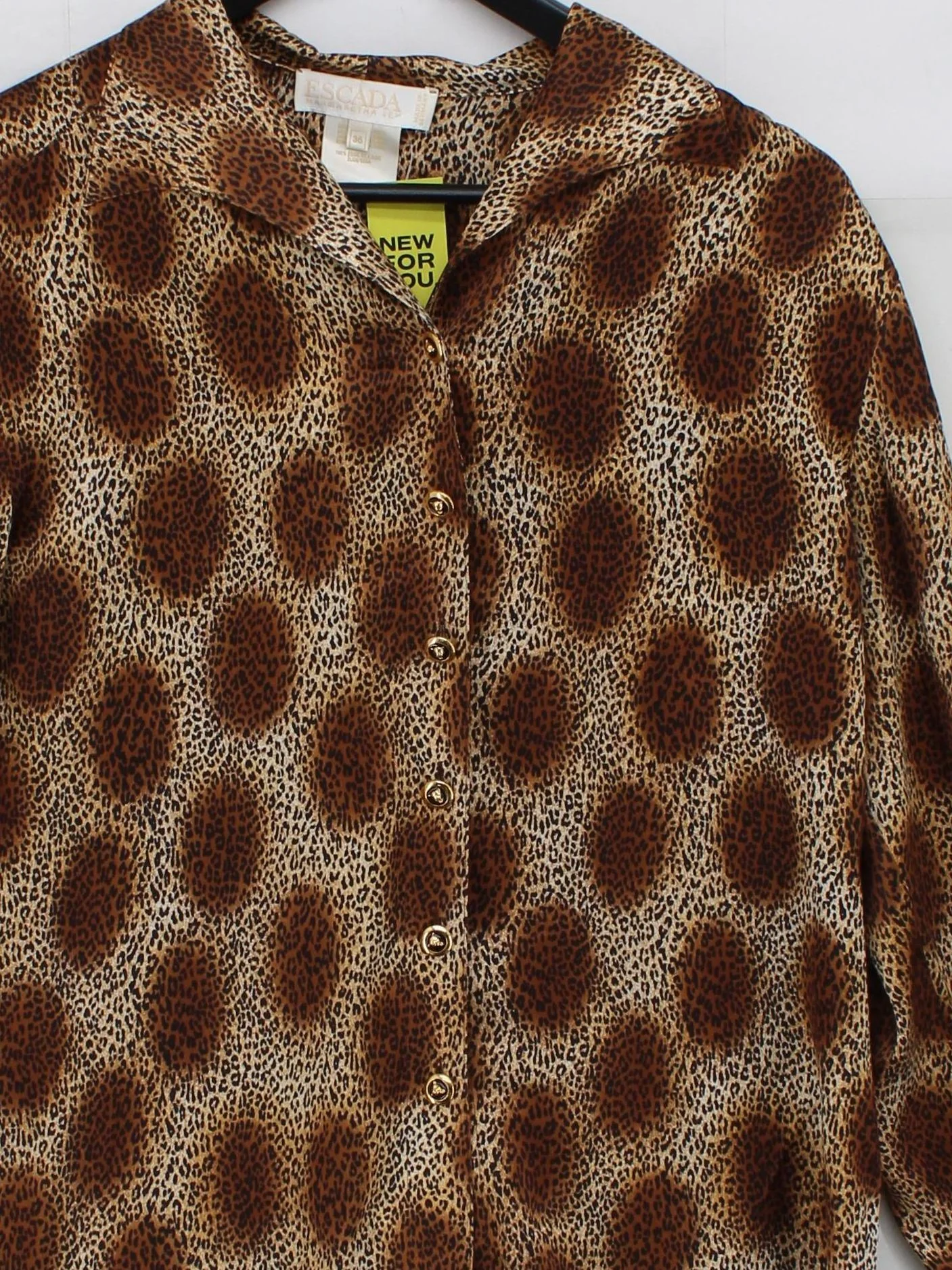 ESCADA Women's Shirt S Brown Animal Print 100% Silk Long Sleeve Collared Basic - Image 3