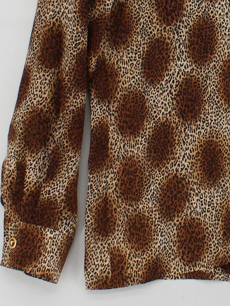 ESCADA Women's Shirt S Brown Animal Print 100% Silk Long Sleeve Collared Basic - Image 4