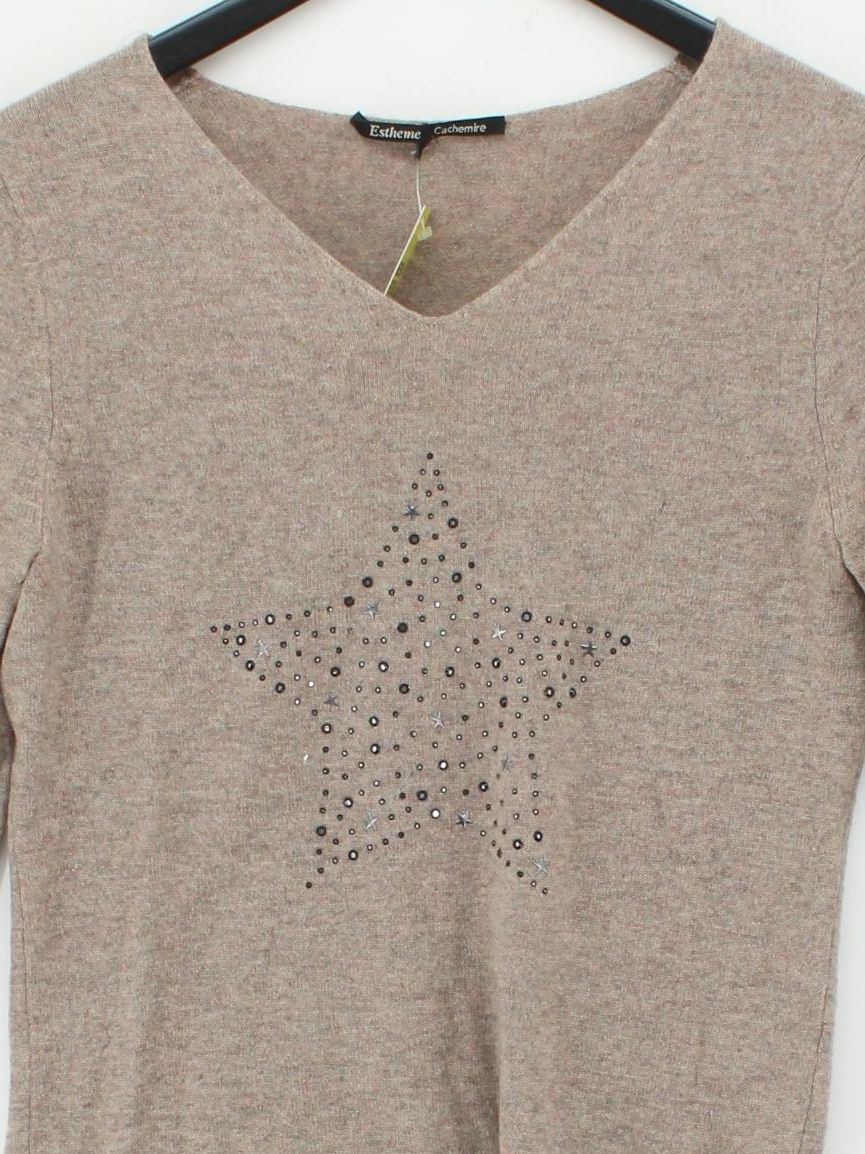 Estheme Cachemire Women's Jumper S Tan Graphic 100% Cashmere V-Neck Pullover - Image 3