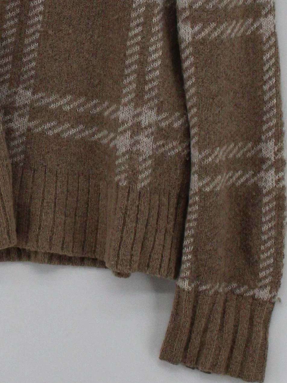 Everlane Women's Jumper M Brown Checkered Wool with Nylon Round Neck Pullover - Image 4
