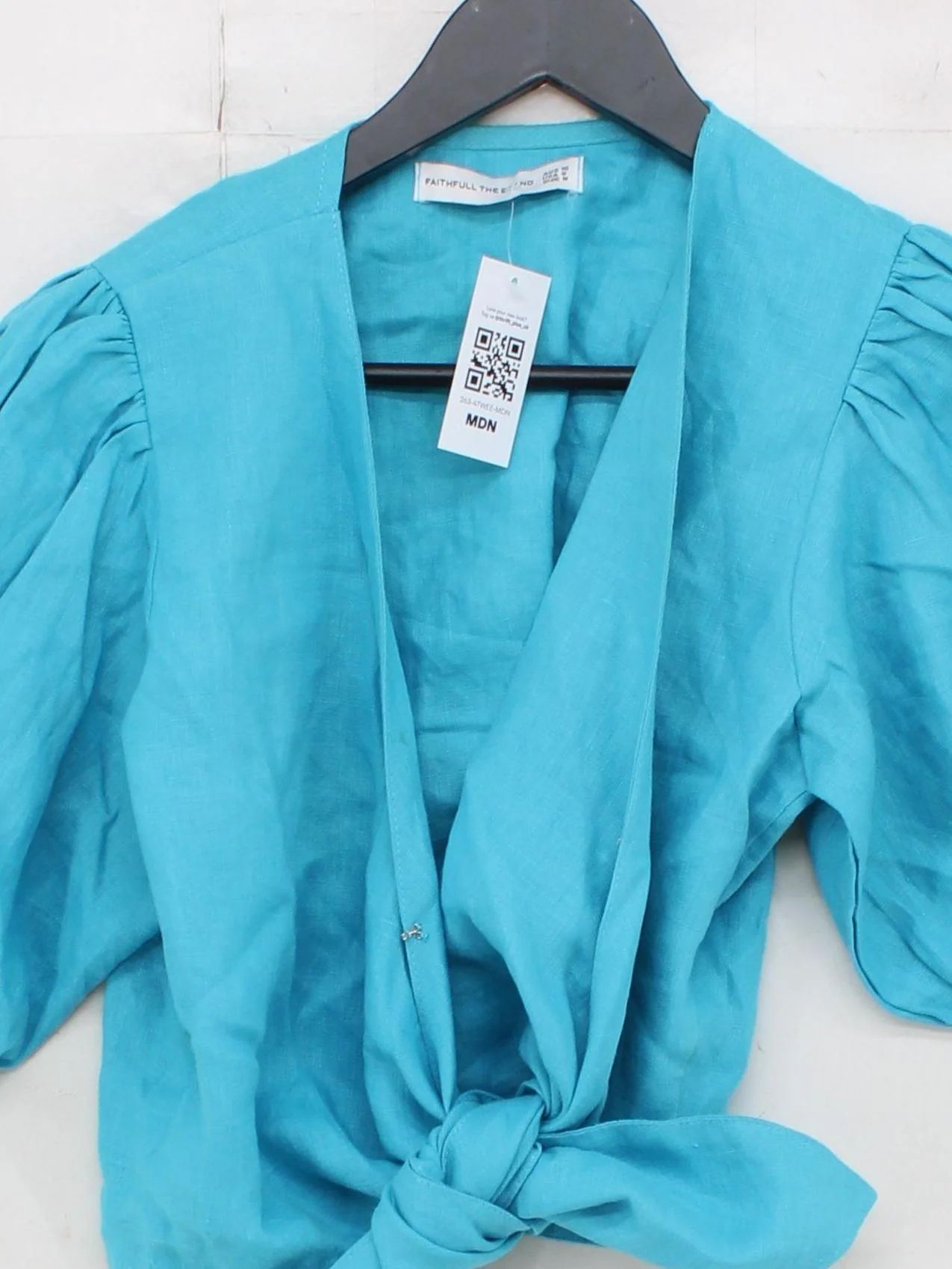 Faithfull The Brand Women's Blouse UK 10 Blue 100% Linen 3/4 Sleeve V-Neck Basic - Image 3