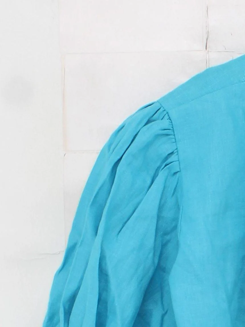 Faithfull The Brand Women's Blouse UK 10 Blue 100% Linen 3/4 Sleeve V-Neck Basic - Image 4
