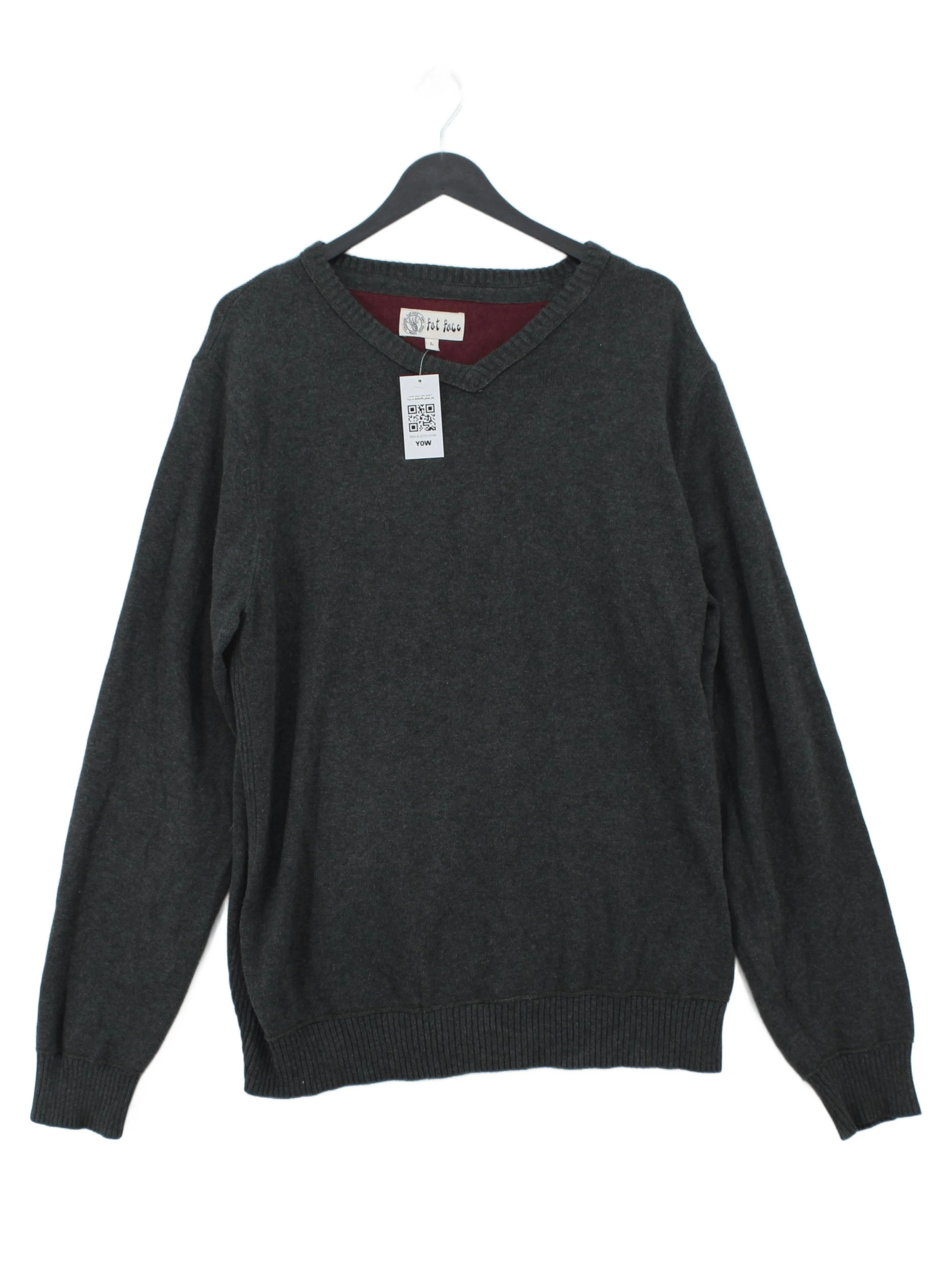 Fat Face Men's Jumper L Grey 100% Cotton V-Neck Pullover