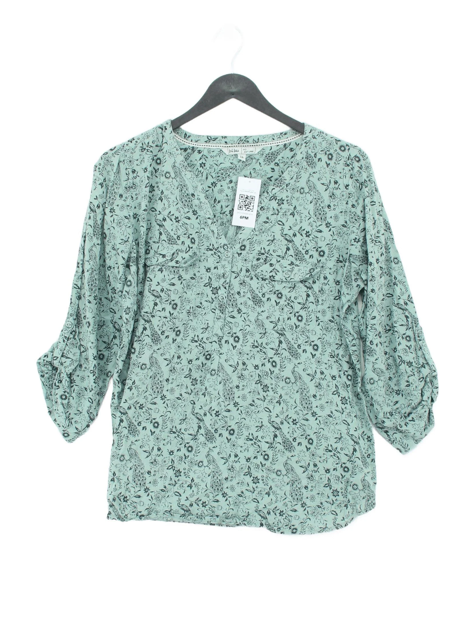 Fat Face Women's Blouse UK 14 Green Floral 100% Cotton 3/4 Sleeve V-Neck Basic
