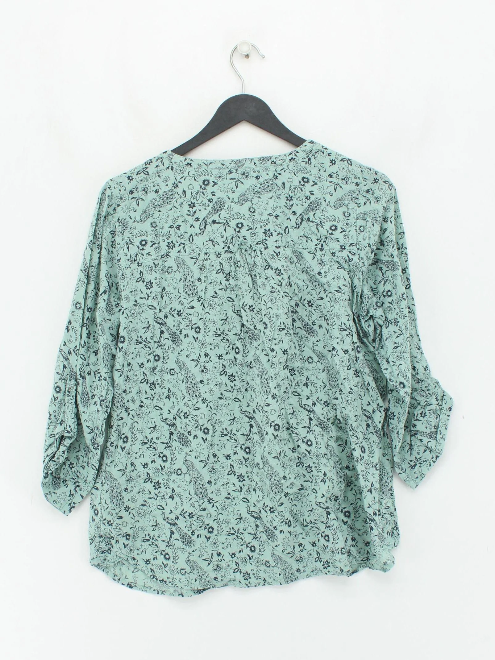 Fat Face Women's Blouse UK 14 Green Floral 100% Cotton 3/4 Sleeve V-Neck Basic - Image 2