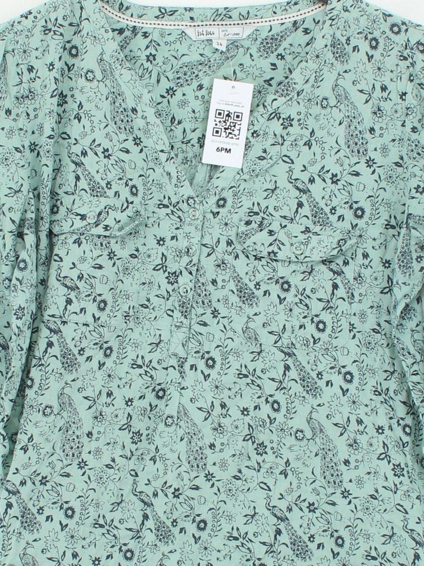 Fat Face Women's Blouse UK 14 Green Floral 100% Cotton 3/4 Sleeve V-Neck Basic - Image 3