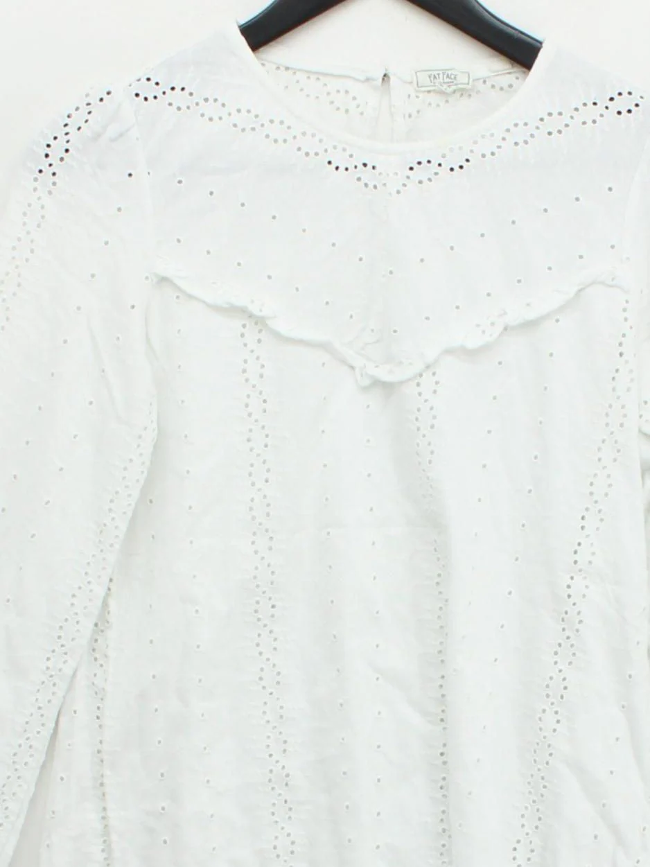 Fat Face Women's Blouse UK 6 White 100% Cotton Long Sleeve Round Neck Basic - Image 3