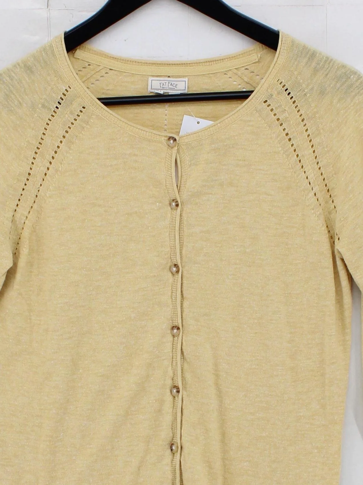 Fat Face Women's Cardigan UK 16 Yellow 100% Cotton Round Neck Cardigan - Image 3