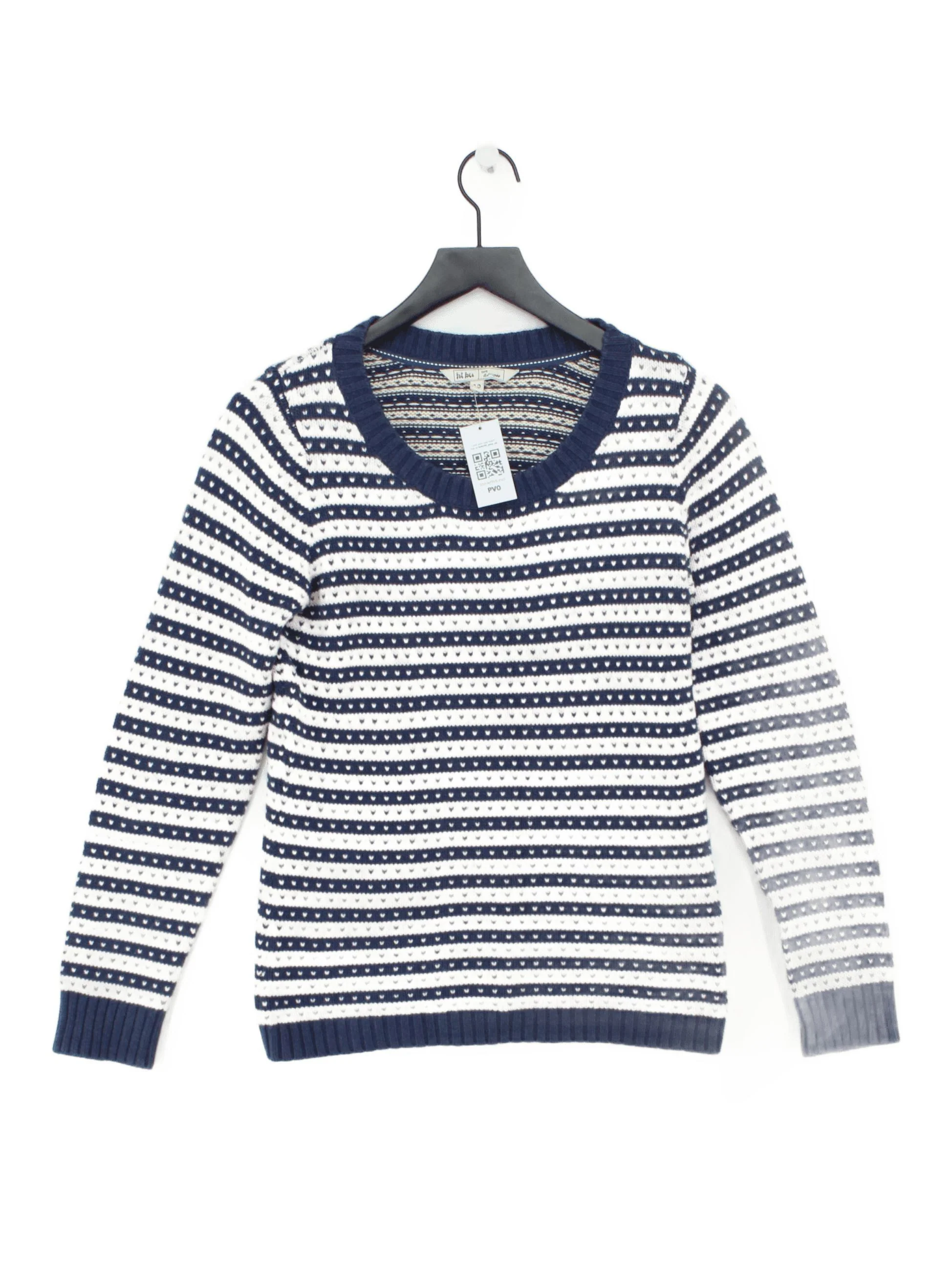 Fat Face Women's Jumper UK 10 Blue Striped 100% Cotton V-Neck Pullover