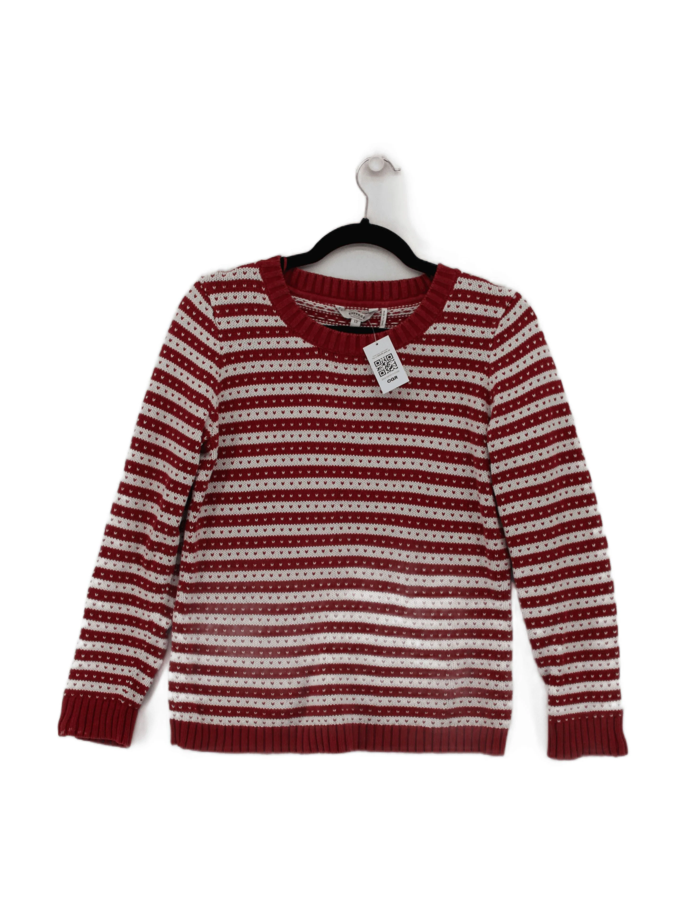 Fat Face Women's Jumper UK 12 Red Striped Wool with Nylon Crew Neck Pullover