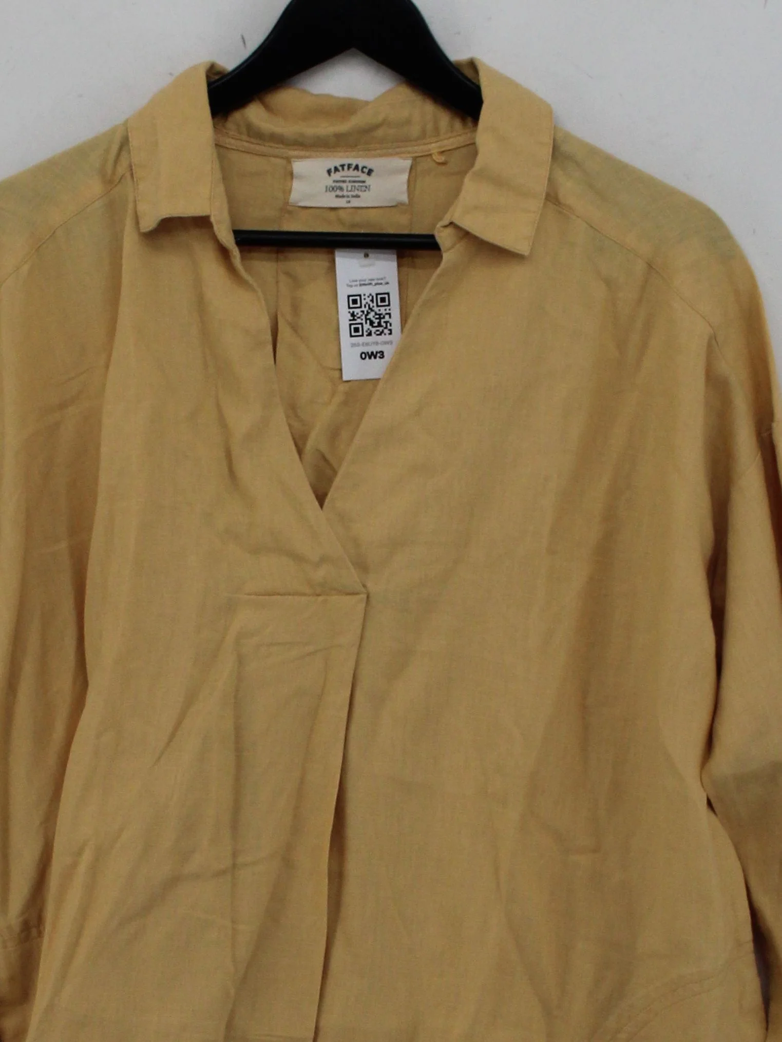 Fat Face Women's Shirt UK 14 Yellow 100% Linen Long Sleeve V-Neck Basic - Image 3