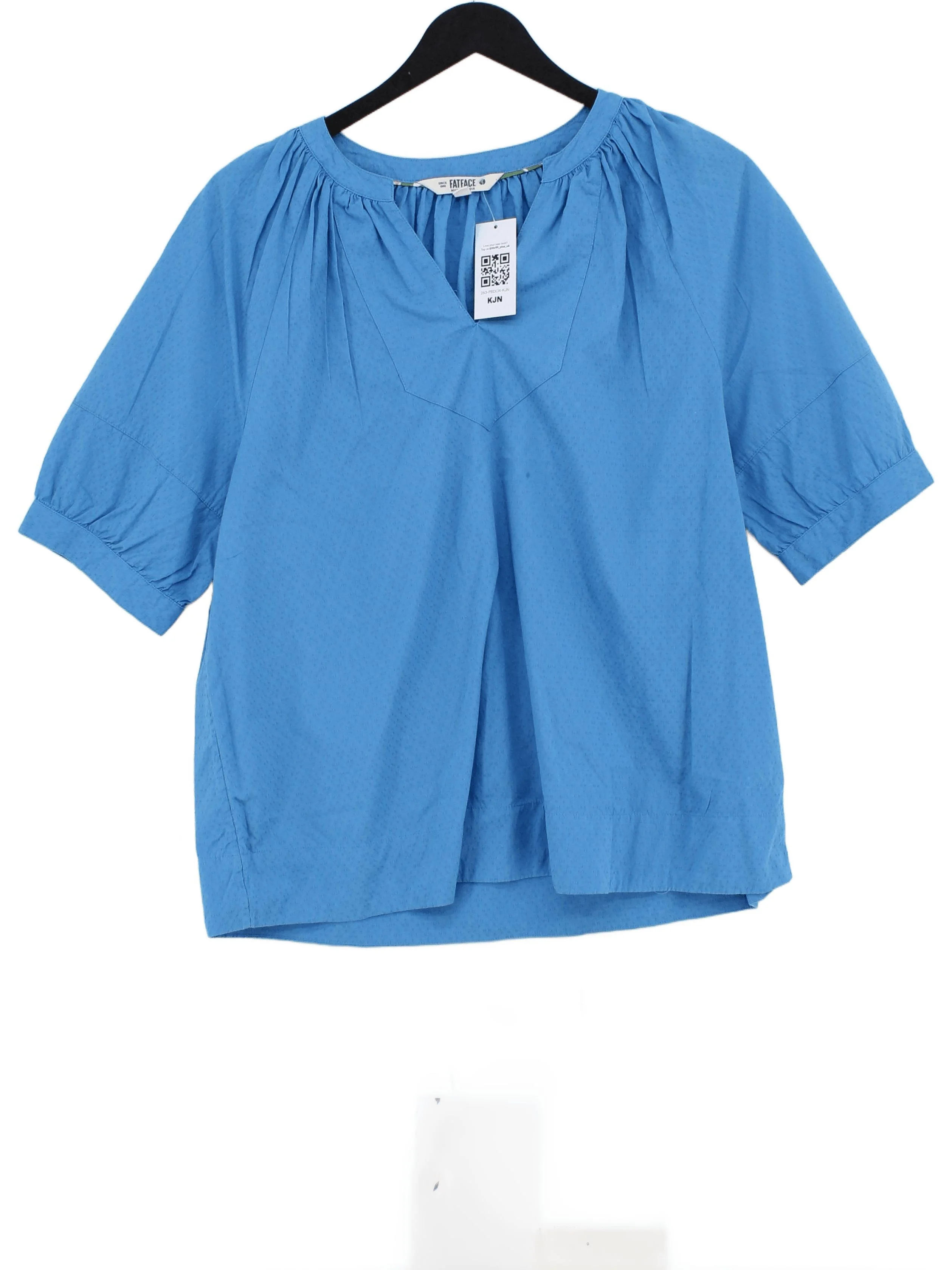 Fat Face Women's Top UK 12 Blue 100% Cotton 3/4 Sleeve V-Neck Basic