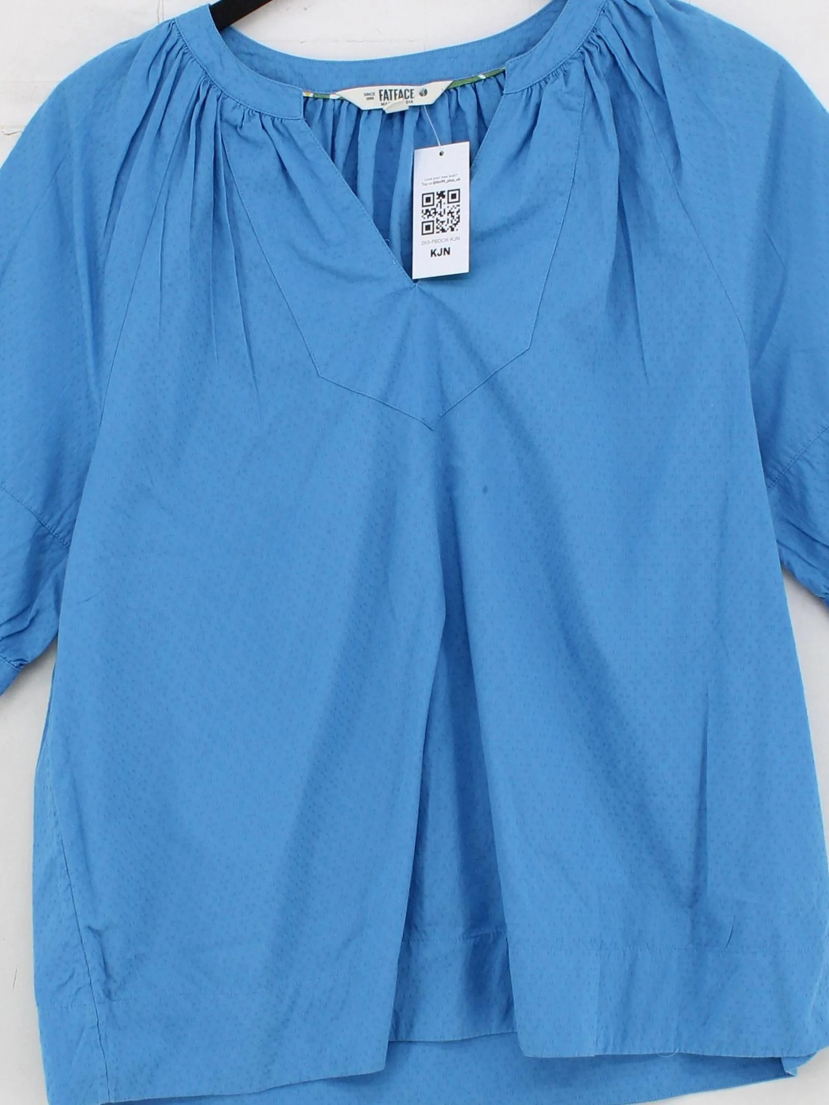 Fat Face Women's Top UK 12 Blue 100% Cotton 3/4 Sleeve V-Neck Basic - Image 3