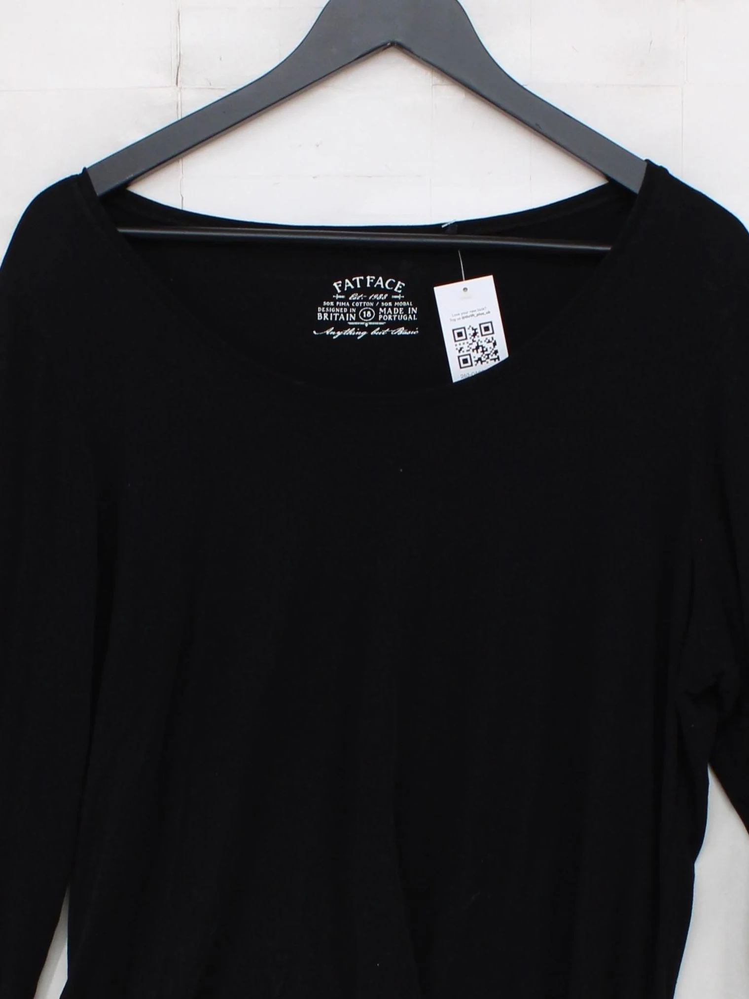Fat Face Women's Top UK 18 Black Cotton with Viscose 3/4 Sleeve Round Neck Basic - Image 3