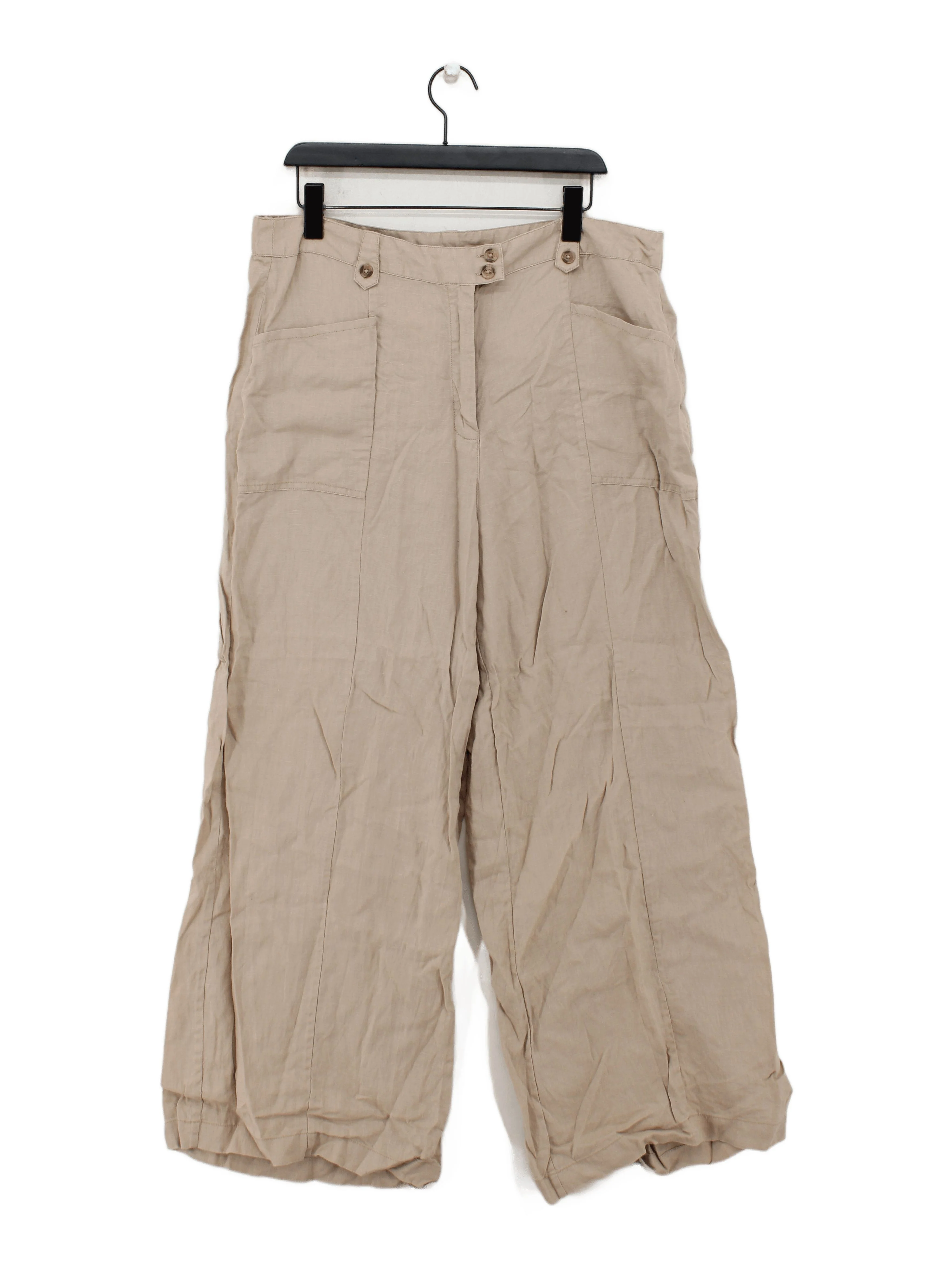 Fat Face Women's Trousers UK 18 Tan 100% Linen Wide-Leg Cropped