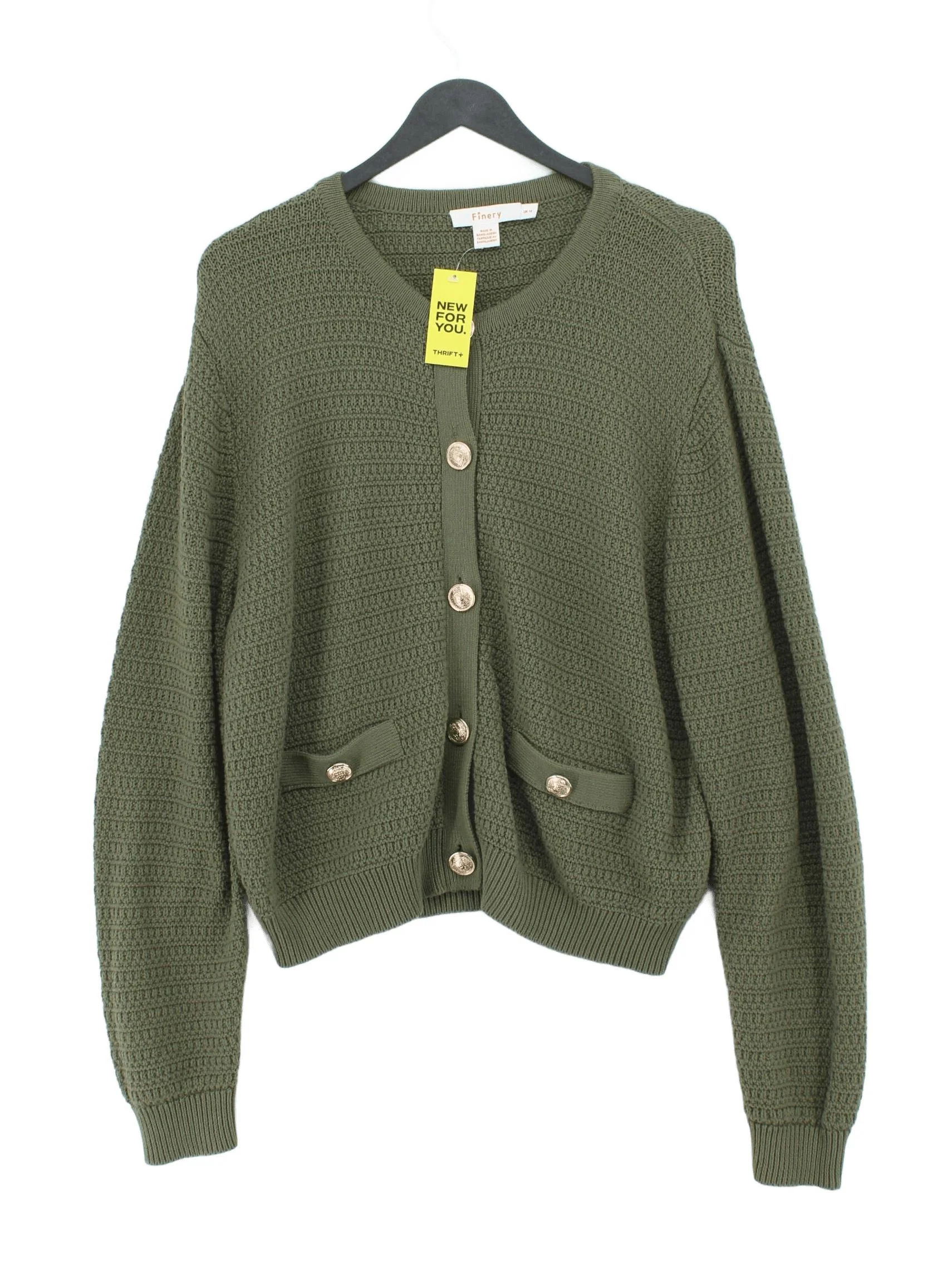 Finery Women's Cardigan UK 14 Green 100% Cotton Round Neck Cardigan