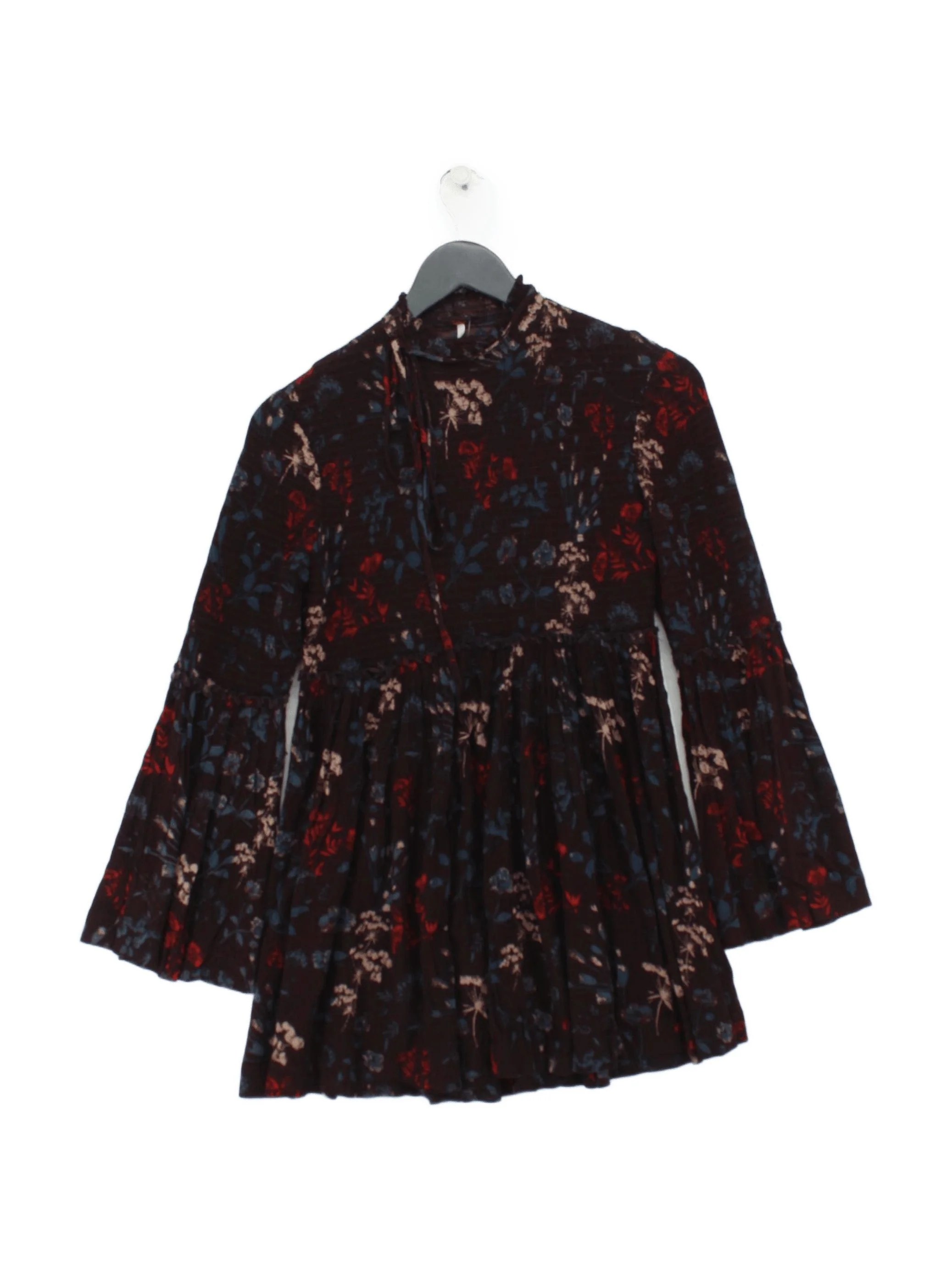 Free People Women's Blouse S Multi Floral 100% Rayon Long Sleeve High Neck Basic