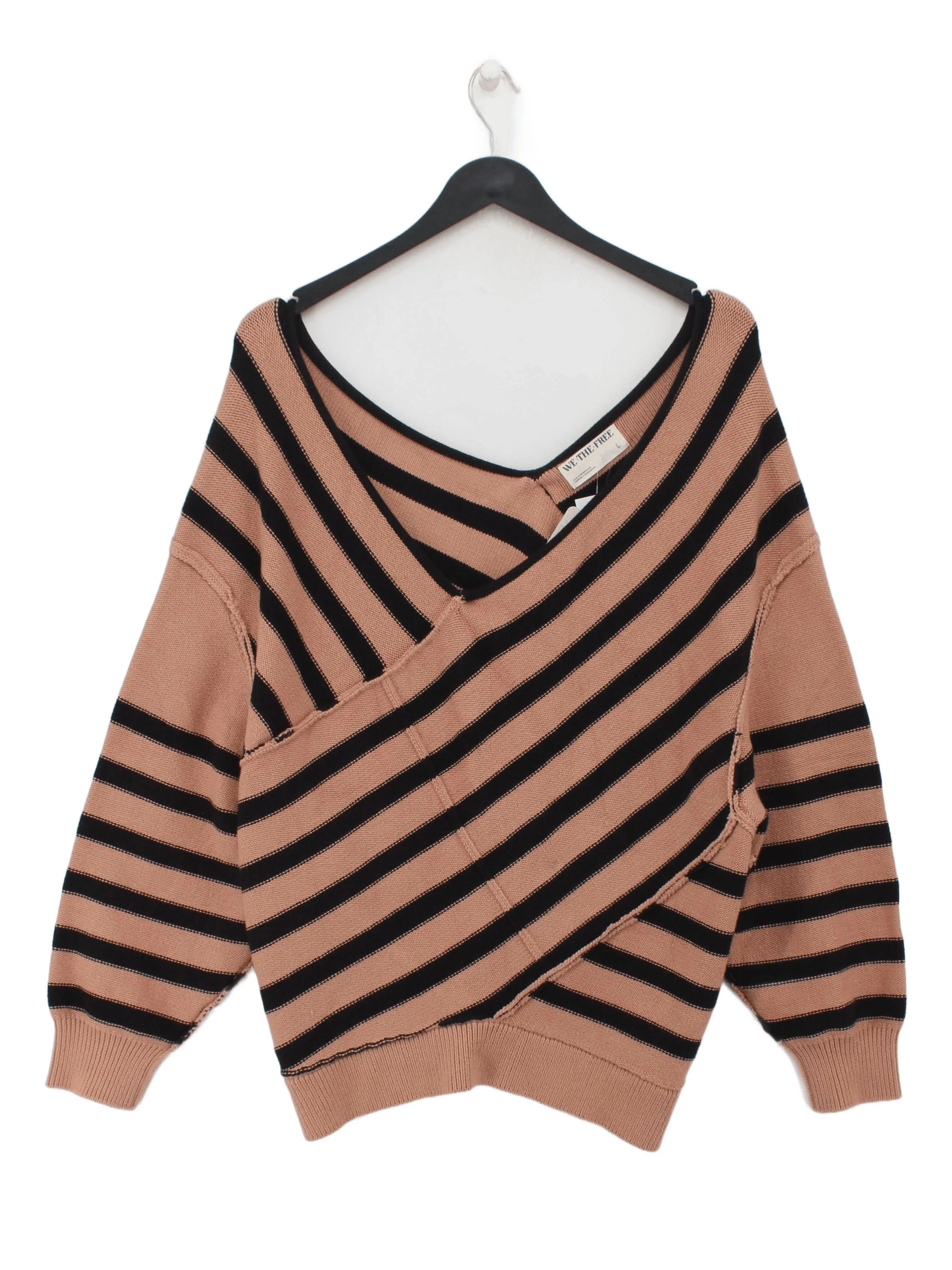 Free People Women's Jumper L Tan Striped 100% Cotton V-Neck Pullover