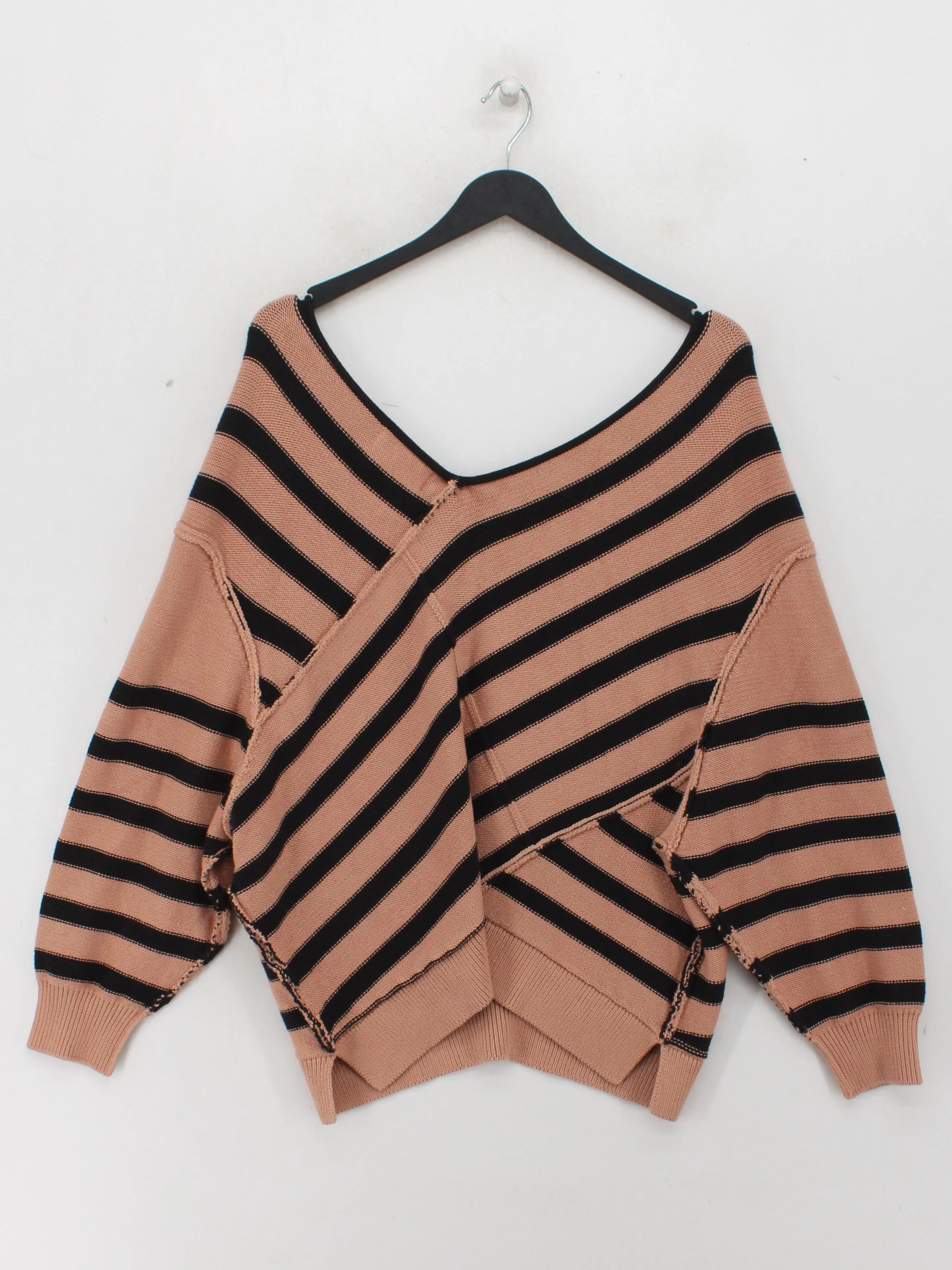 Free People Women's Jumper L Tan Striped 100% Cotton V-Neck Pullover - Image 2