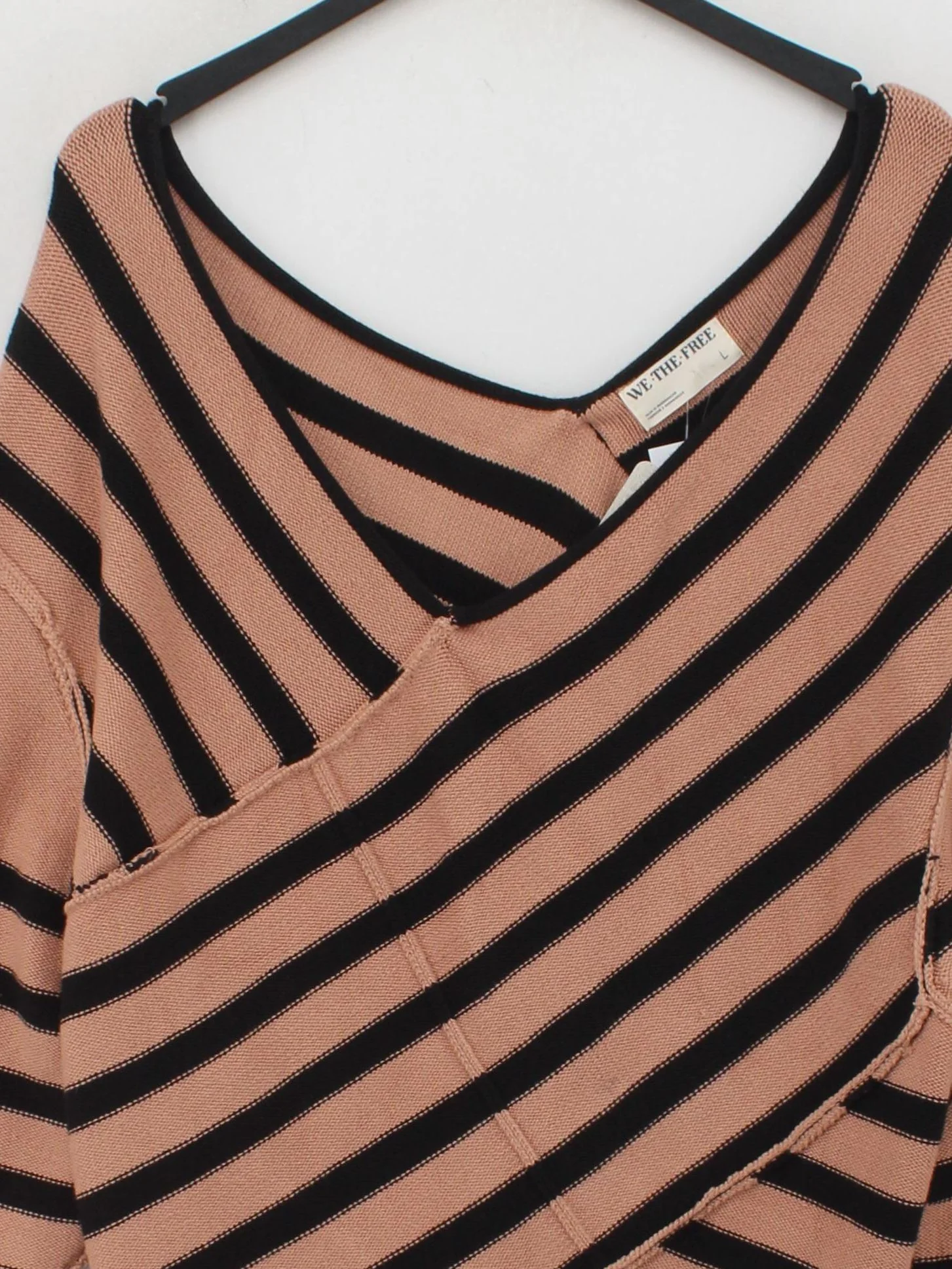 Free People Women's Jumper L Tan Striped 100% Cotton V-Neck Pullover - Image 3