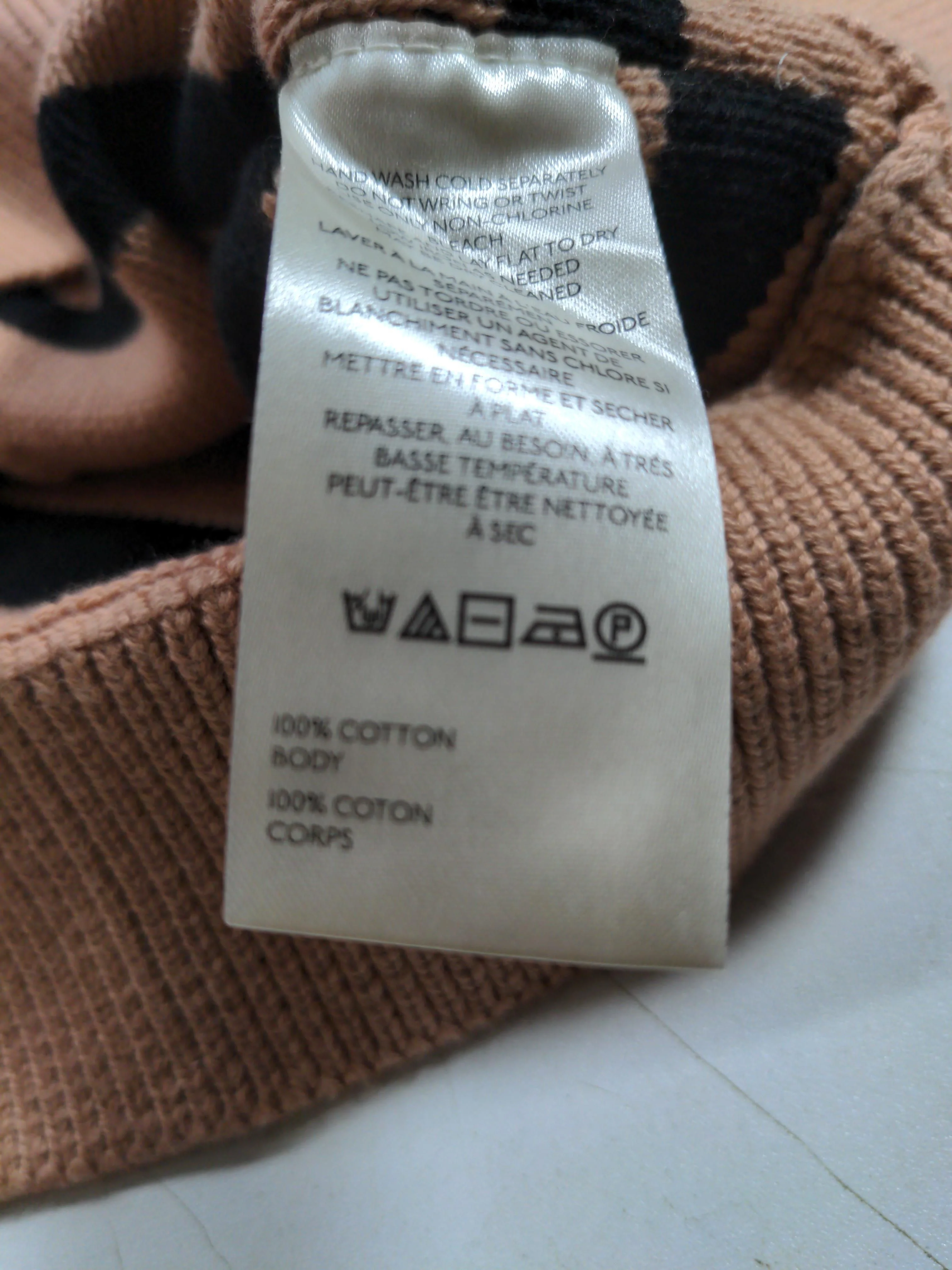 Free People Women's Jumper L Tan Striped 100% Cotton V-Neck Pullover - Image 7