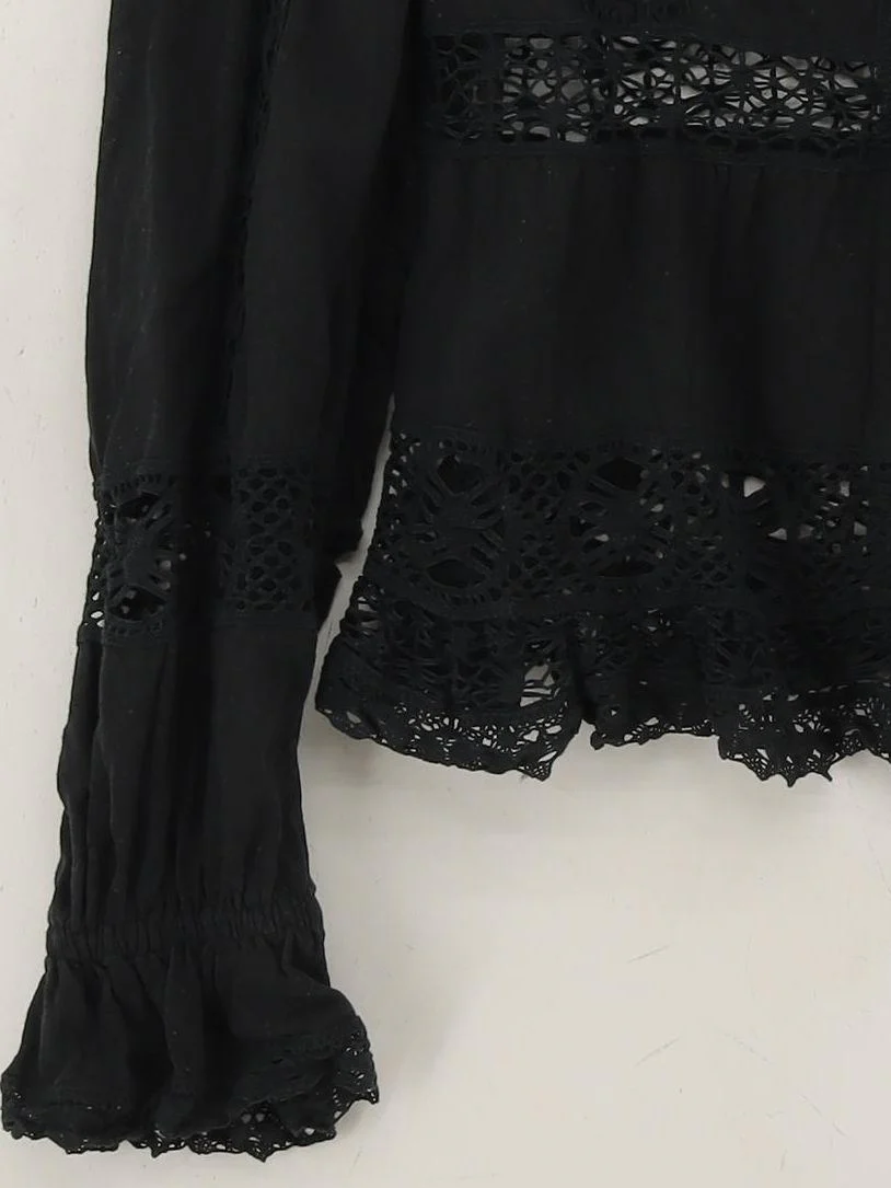 Free People Women's Top M Black Cotton with Linen Long Sleeve V-Neck Basic - Image 4